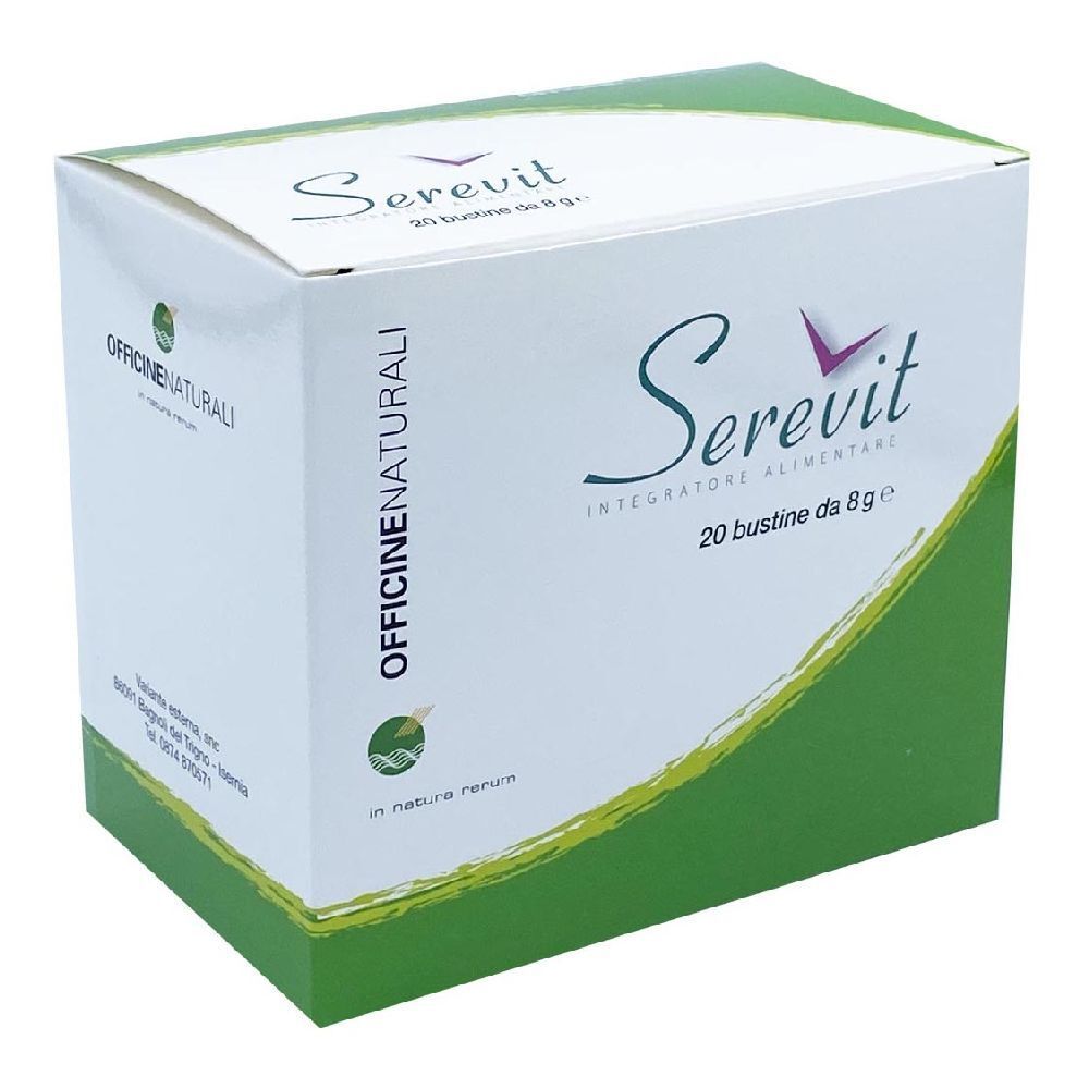 Weiße Schachtel mit grünem Design. Aufschrift "Serevit" und "20 bustine da 8g". Marke "Officine Naturali".