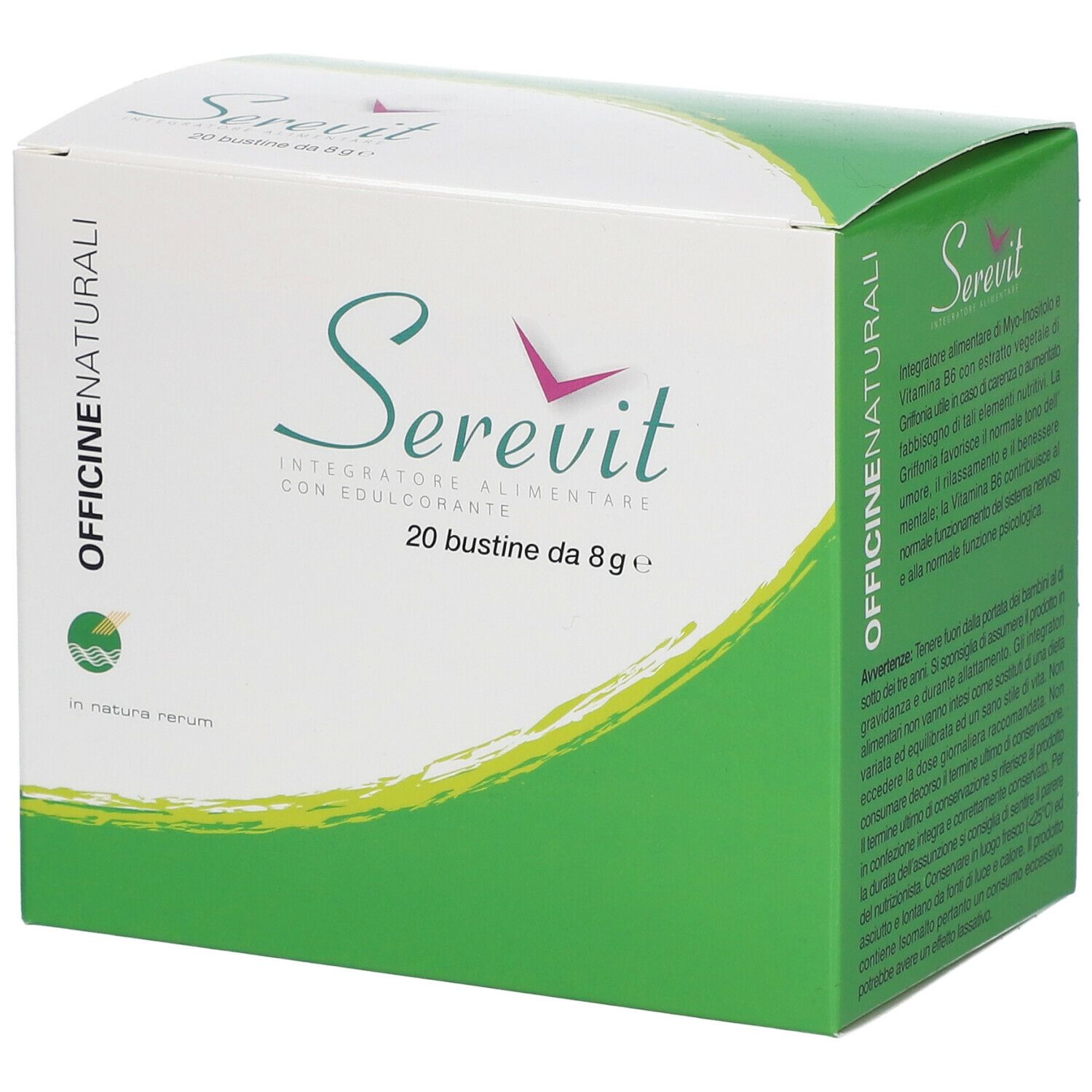 Weiße Schachtel mit grünem Design. Aufschrift "Serevit", "20 bustine da 8g" und "Integratore alimentare con edulcorante".