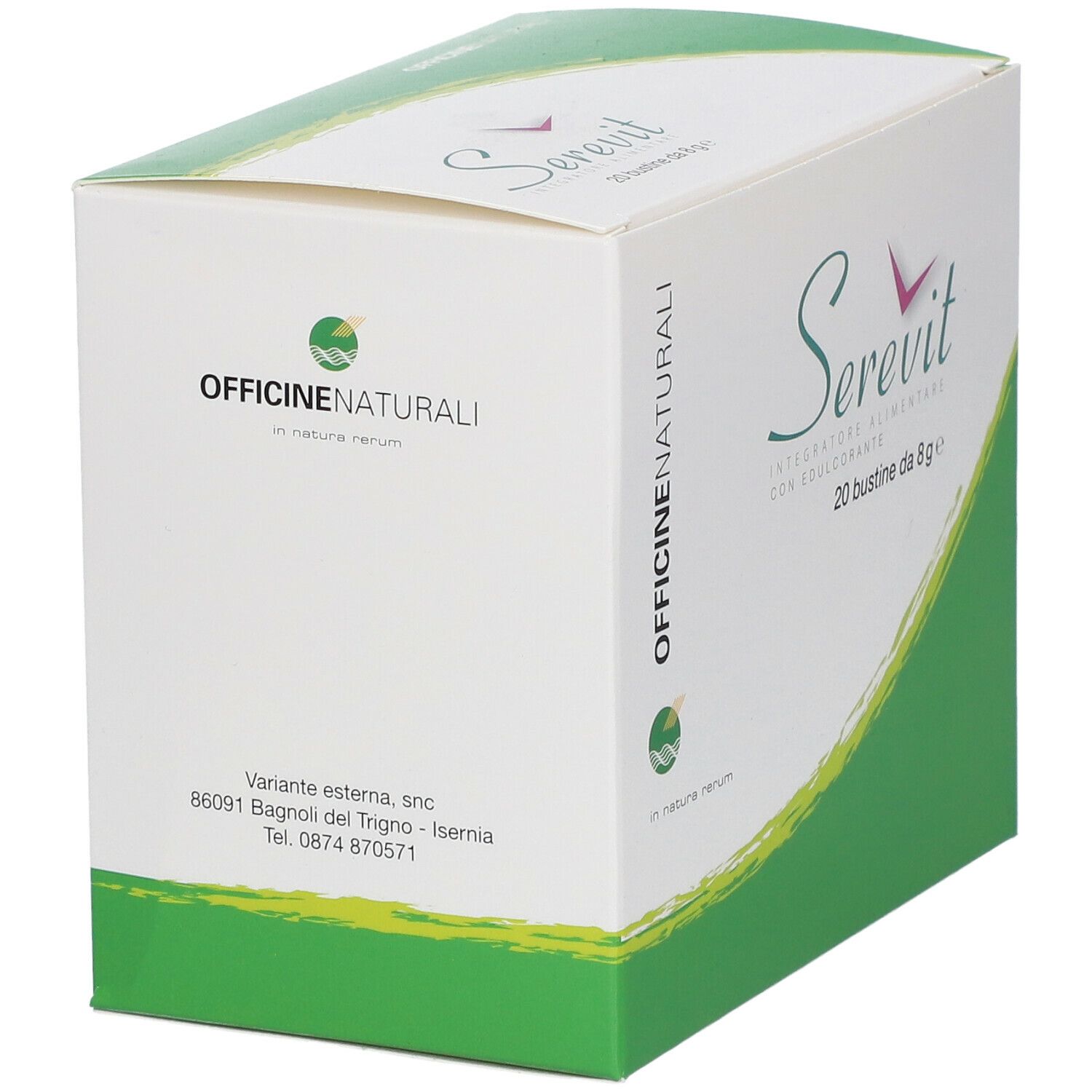 Weiße Schachtel mit grünem Design. Aufschrift "Serevit", "20 bustine da 8g" und "Integratore alimentare con edulcorante".