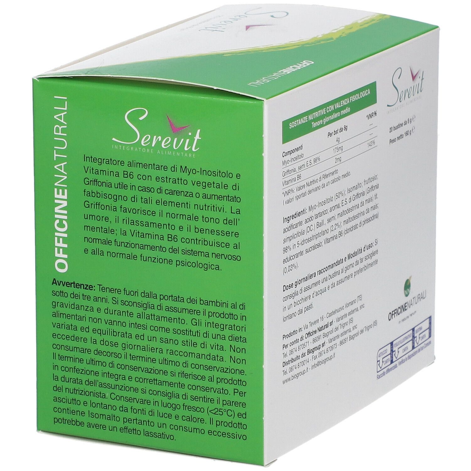 Rückseite einer weißen Schachtel mit grünem Design. Aufschrift "Serevit", Inhaltsstoffe und Nährwertangaben.