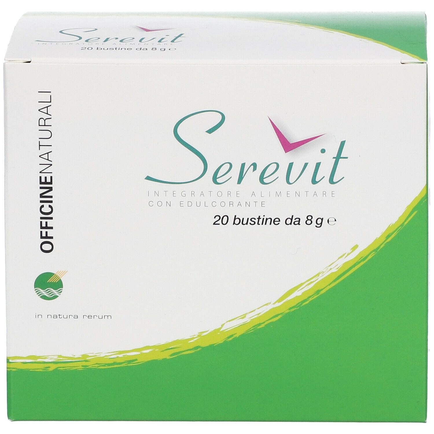 Weiße Schachtel mit grünem Design. Aufschrift "Serevit", "20 bustine da 8g" und "Integratore alimentare con edulcorante".