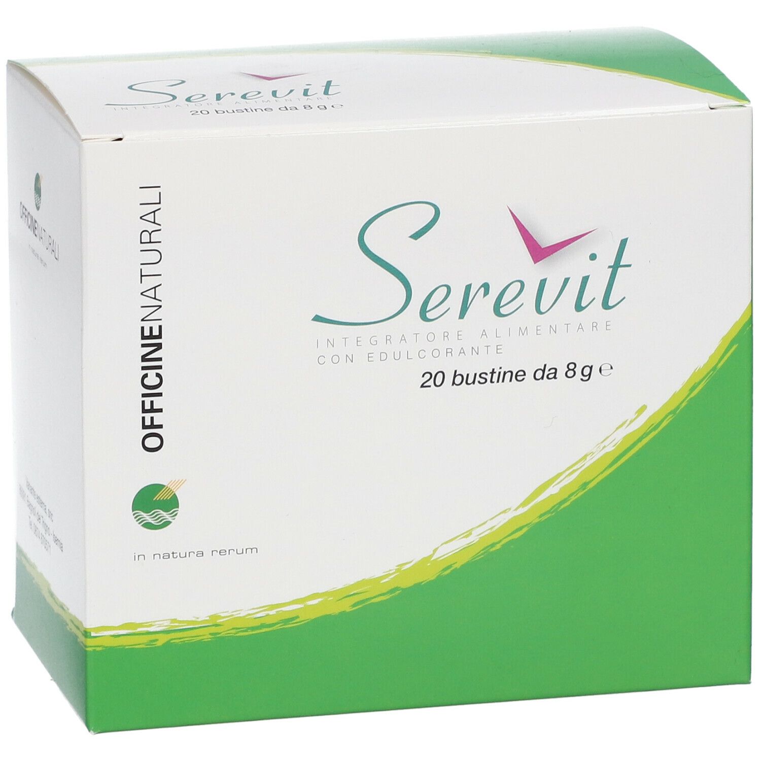 Weiße Schachtel mit grünem Design. Aufschrift "Serevit", "20 bustine da 8g" und "Integratore alimentare con edulcorante".