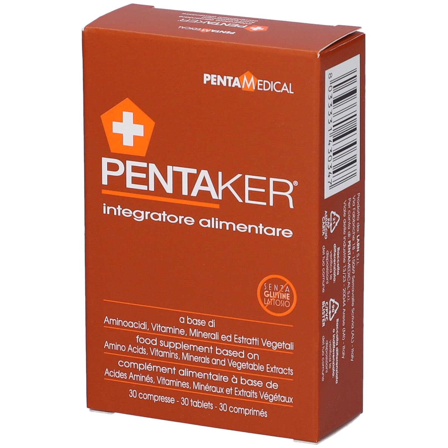 Boîte marron avec nom PENTAKER et logo. Texte: Integratore alimentare. Contient 30 comprimés. Marque: PENTA MEDICAL.