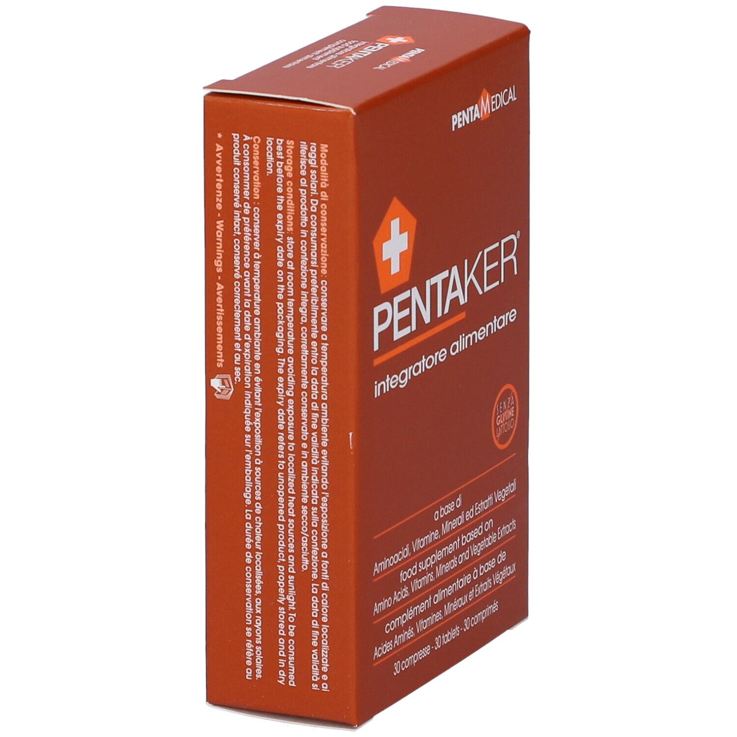 Boîte marron, PENTAKER, Integratore alimentare. Texte en italien et français. Marque: PENTA MEDICAL. Contient 30 comprimés.