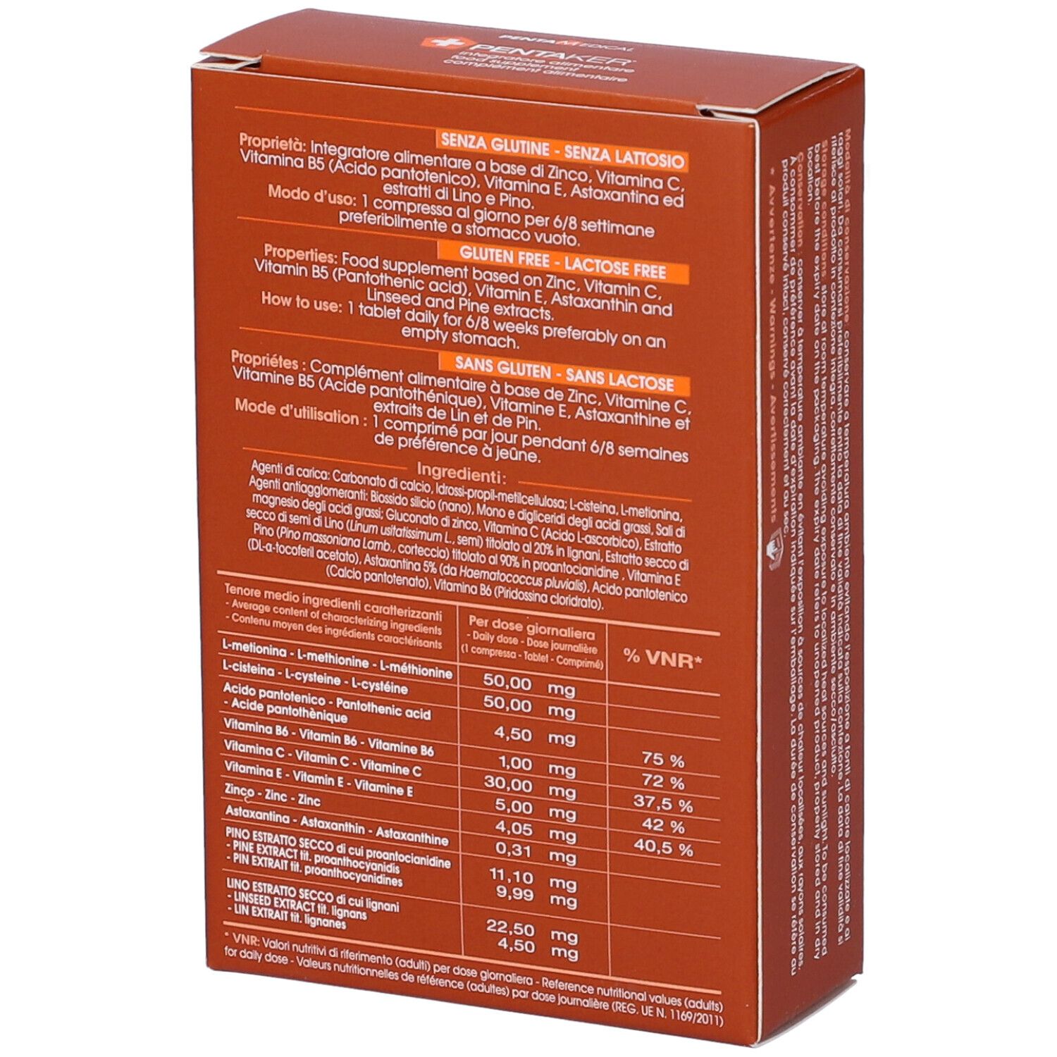 Boîte marron avec textes en italien et français. Contient ingrédients et informations nutritionnelles. Marque: PENTA MEDICAL.