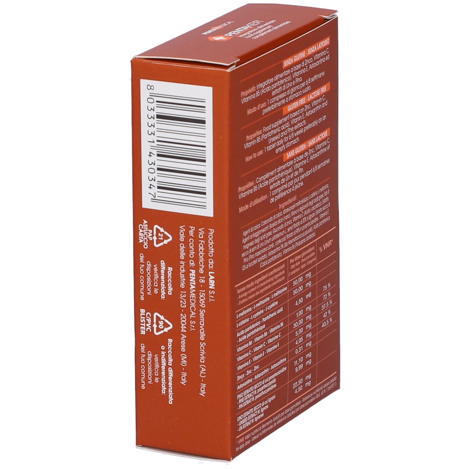 Boîte marron avec texte et code-barres. Marque: PENTA MEDICAL. Contient ingrédients et informations nutritionnelles. Fabriqué en Italie.