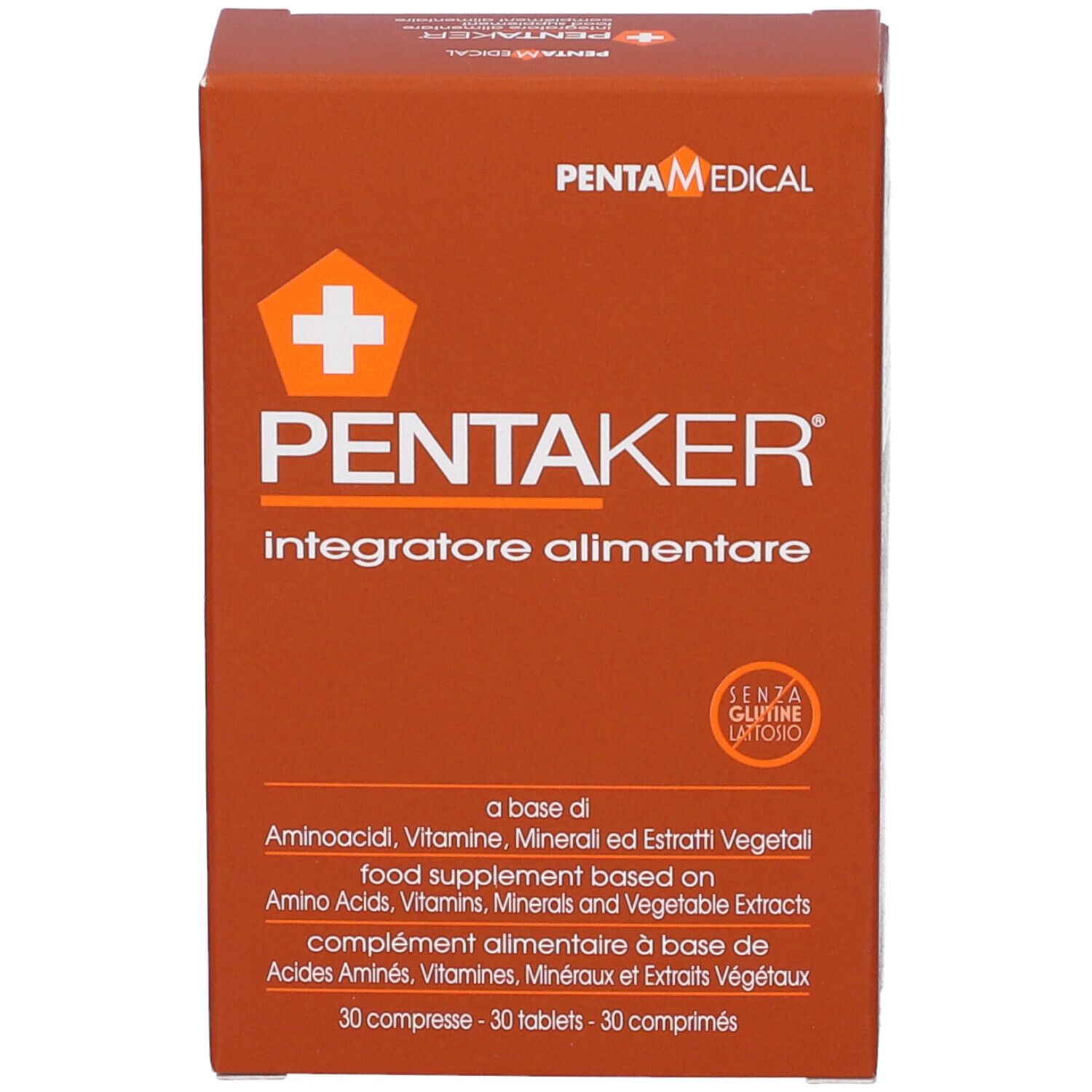 Boîte marron avec nom PENTAKER et logo. Texte: Integratore alimentare. Contient 30 comprimés. Marque: PENTA MEDICAL.