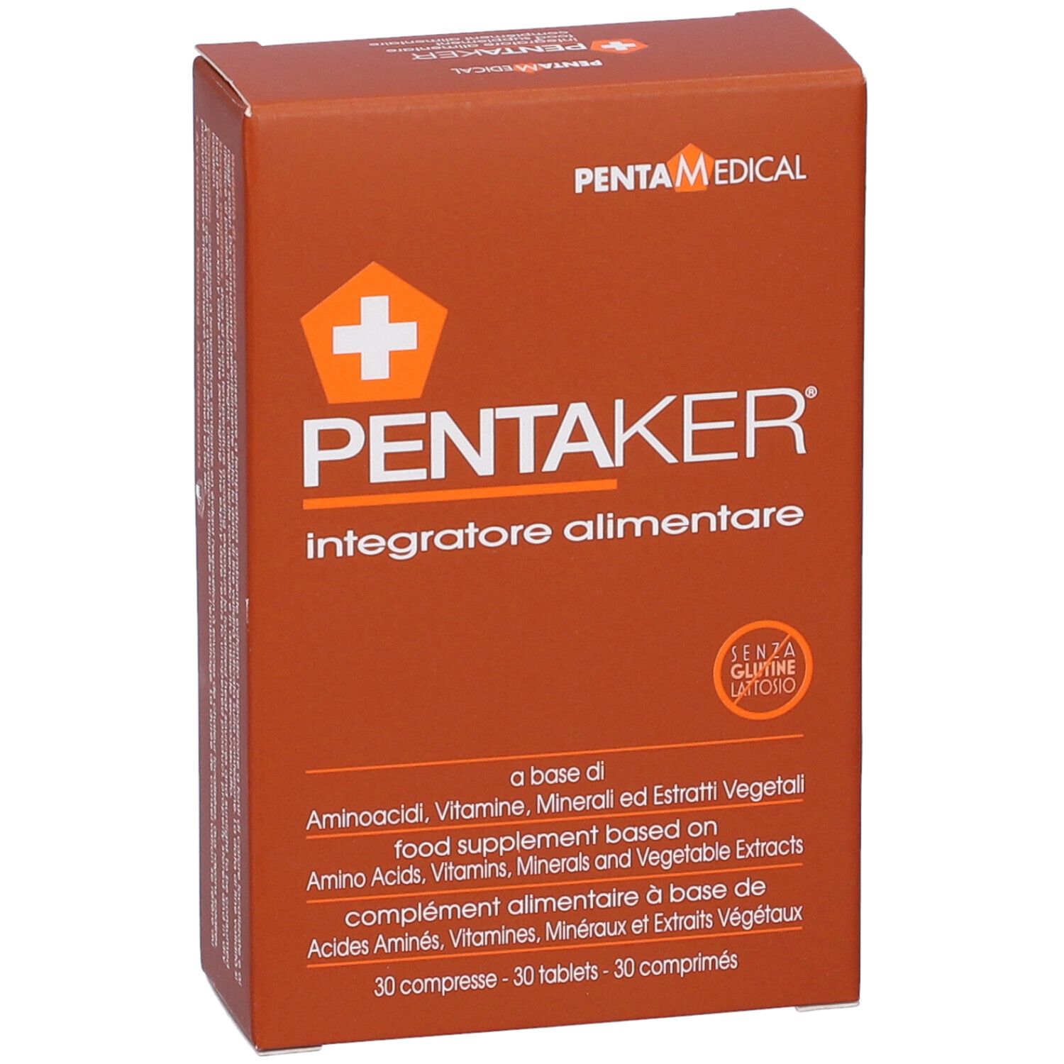 Boîte marron avec nom PENTAKER et logo. Texte: Integratore alimentare. Contient 30 comprimés. Marque: PENTA MEDICAL.