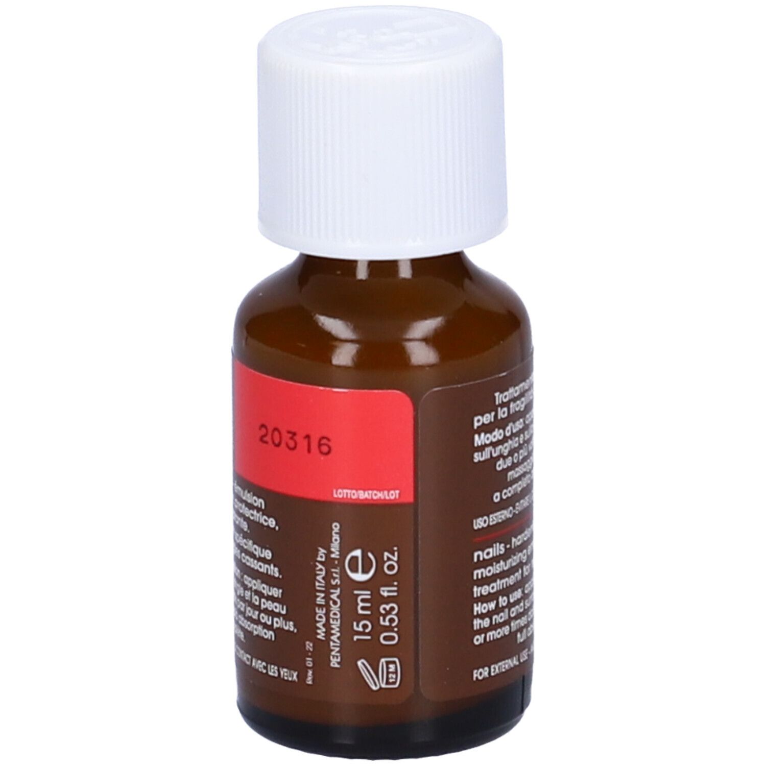 Flacon brun, bouchon blanc. Étiquette rouge avec texte. 15 ml. 0,53 fl. oz. Usage externe.