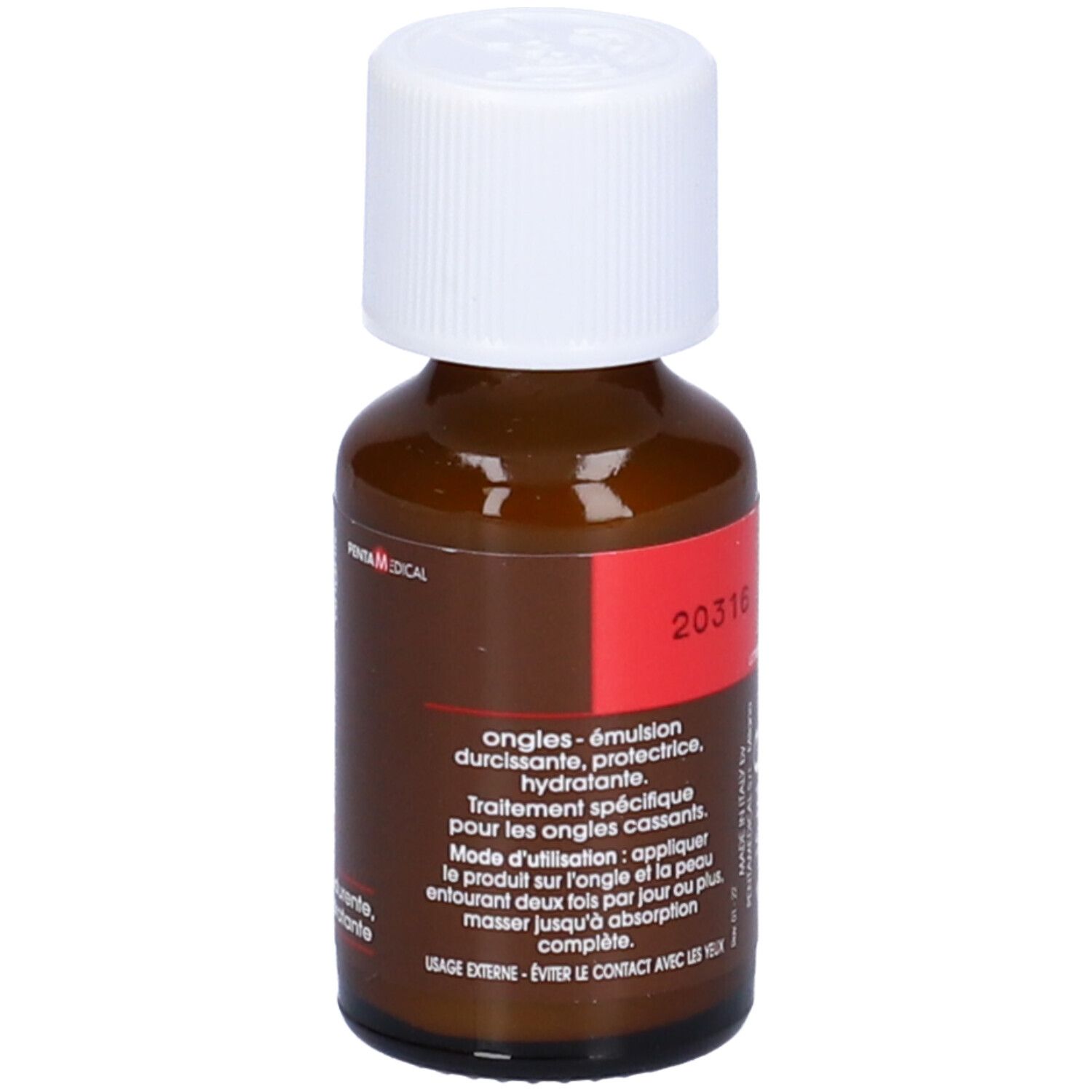 Flacon brun, bouchon blanc. Étiquette rouge avec texte. Pour ongles. Émulsion. Usage externe.