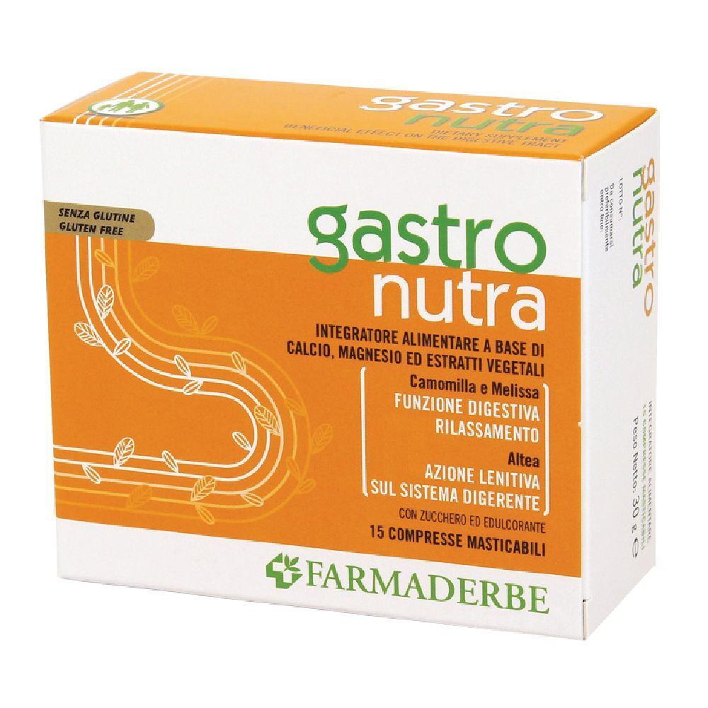 Boîte "Gastro Nutra". Texte : "Integratore alimentare", "Senza glutine". Design orange et blanc avec éléments floraux.