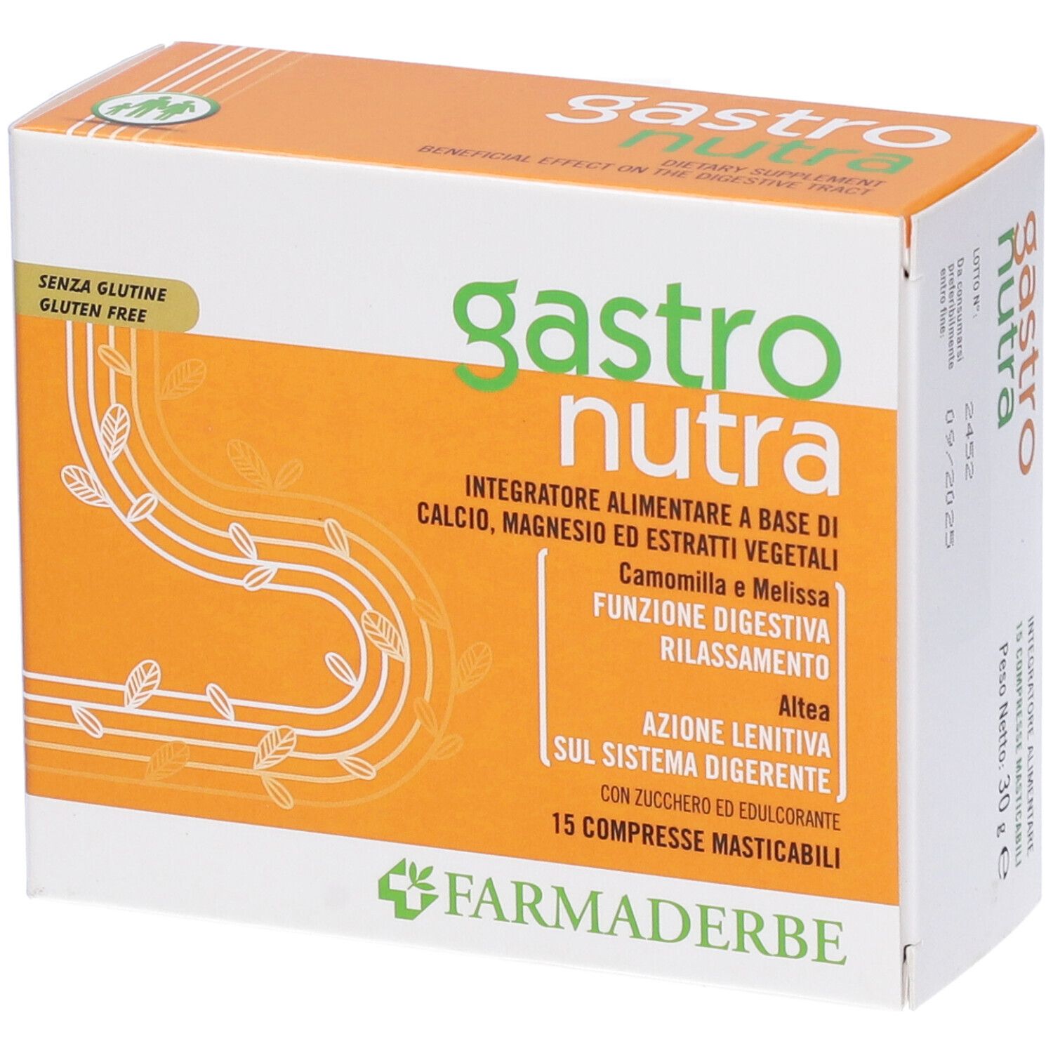 Boîte "Gastro Nutra" avec texte : "Integratore alimentare", "Camomilla e Melissa". Design orange et blanc. Date visible.