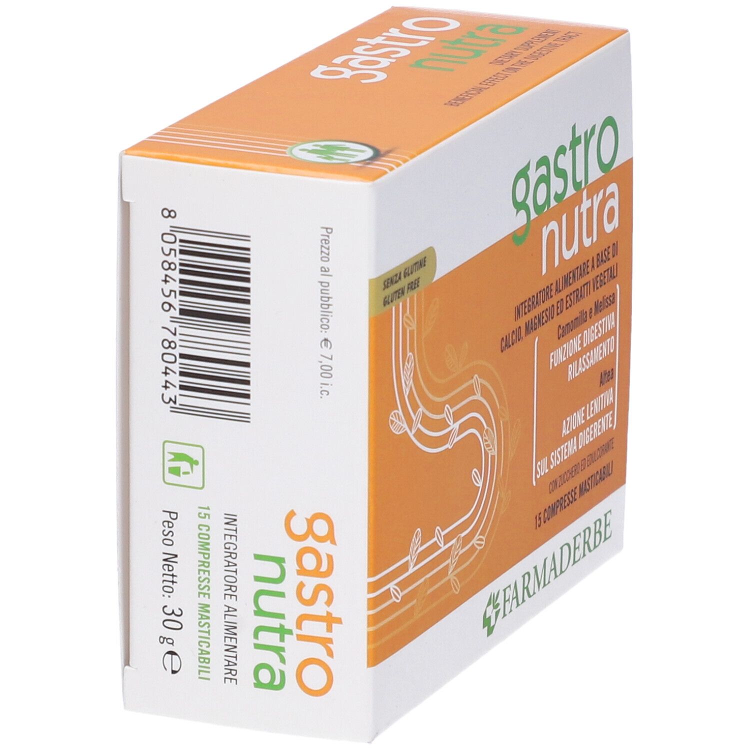 Boîte "Gastro Nutra" avec texte : "Integratore alimentare", "Camomilla e Melissa". Design orange et blanc. Vue oblique.