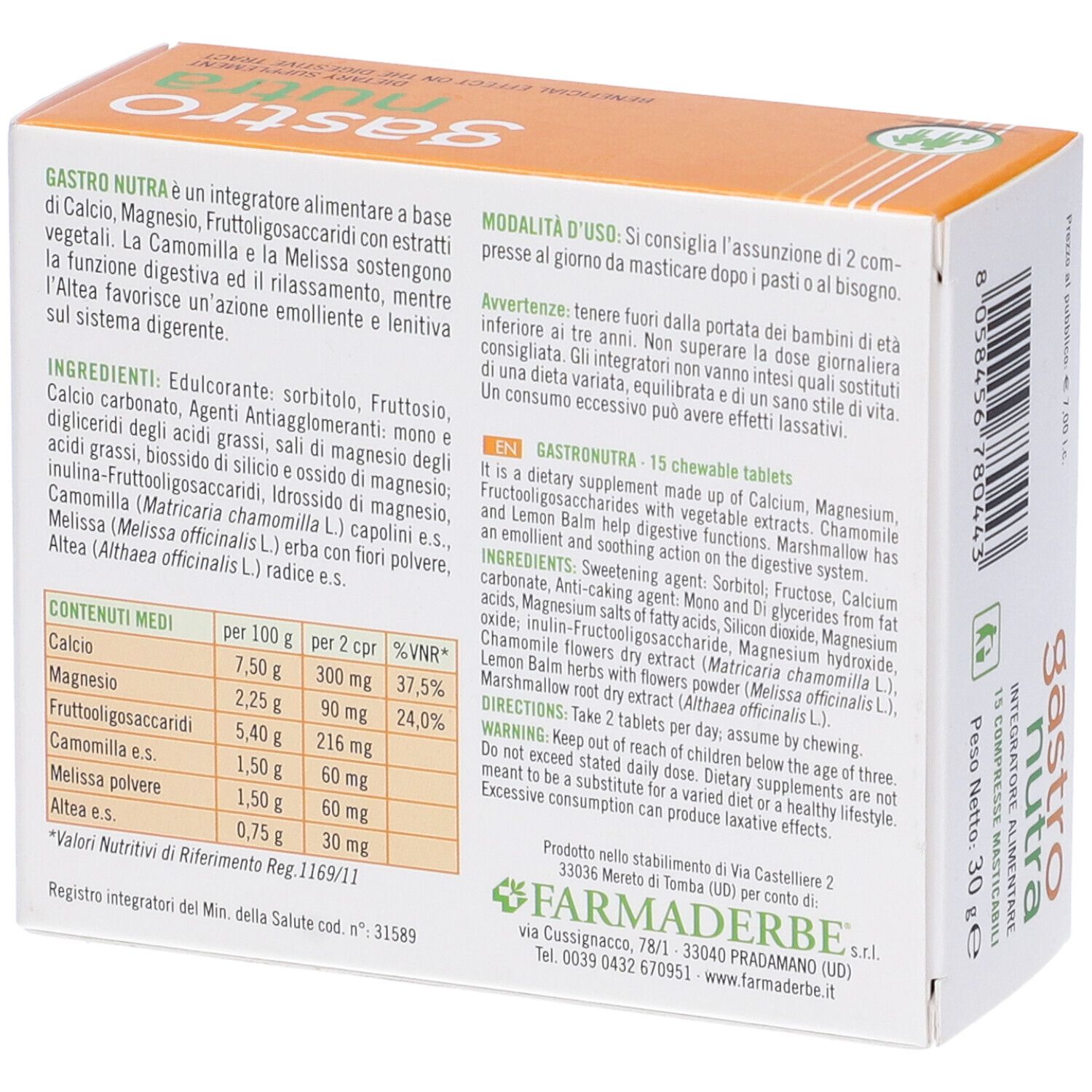 Boîte "Gastro Nutra". Texte : "Integratore alimentare", "15 compresse masticabili". Design orange et blanc. Vue latérale.