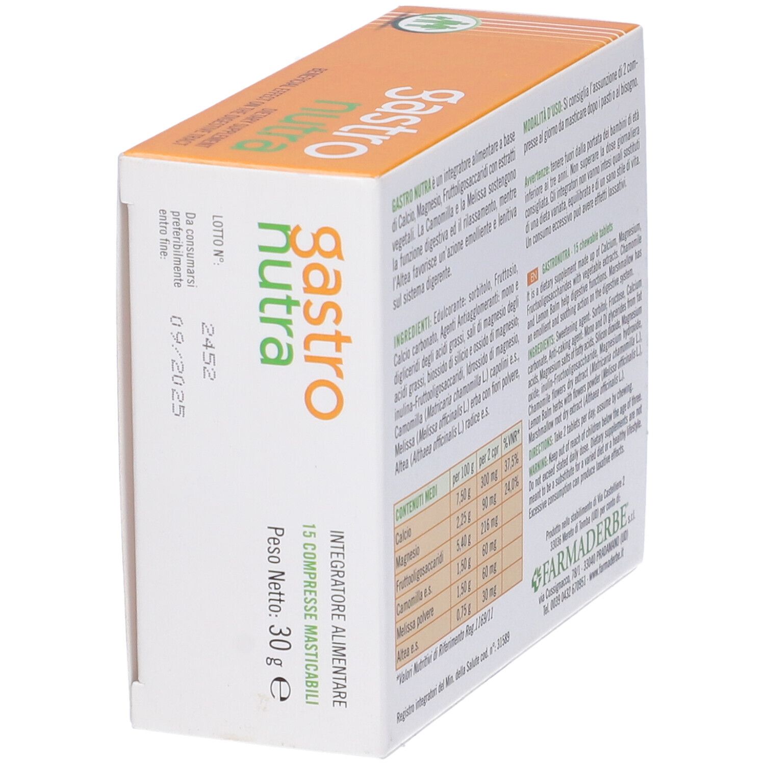 Boîte "Gastro Nutra" avec texte et informations. Design orange et blanc. Dos avec ingrédients et mode d'emploi.