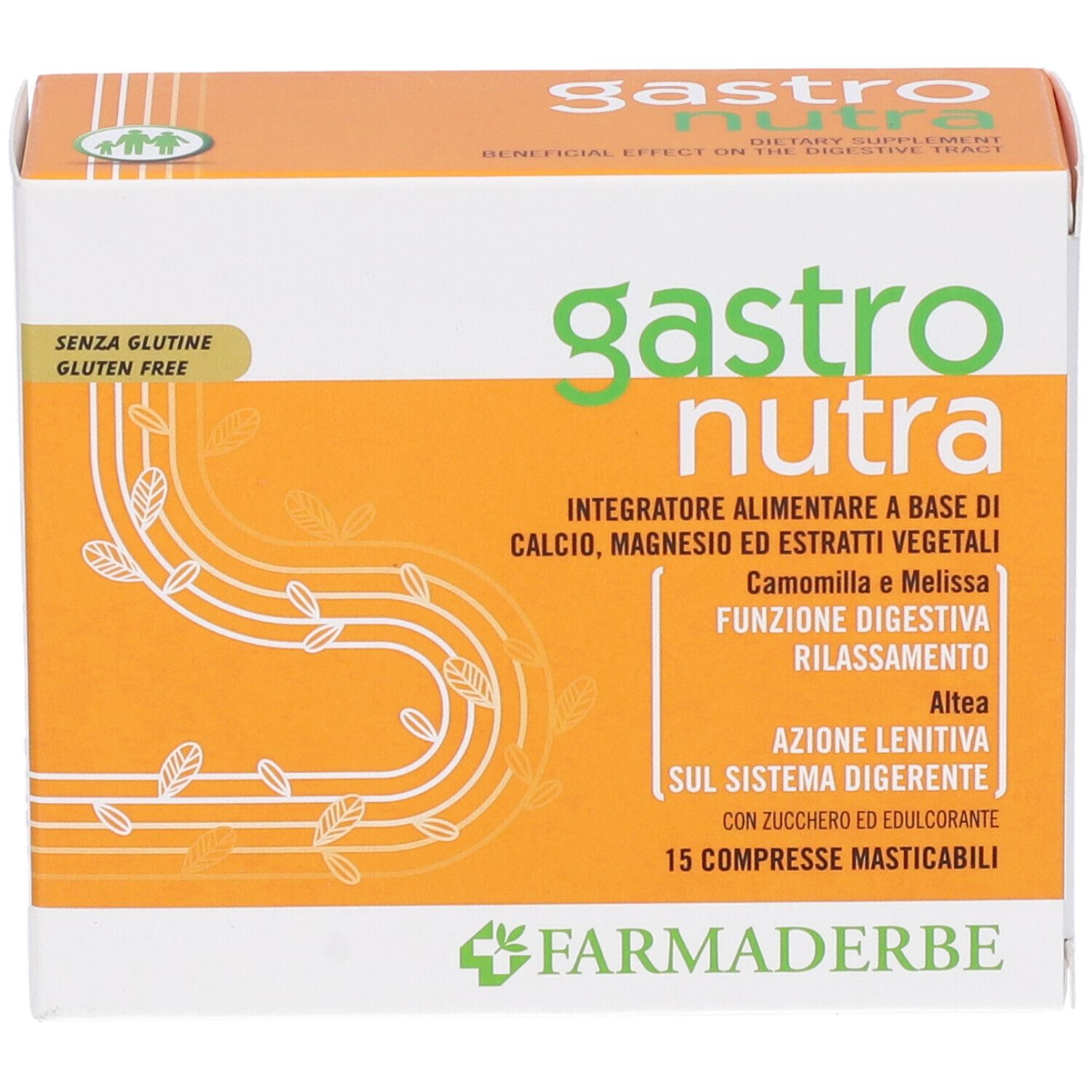 Boîte "Gastro Nutra" avec texte : "Integratore alimentare", "Senza glutine". Design orange et blanc avec éléments floraux.