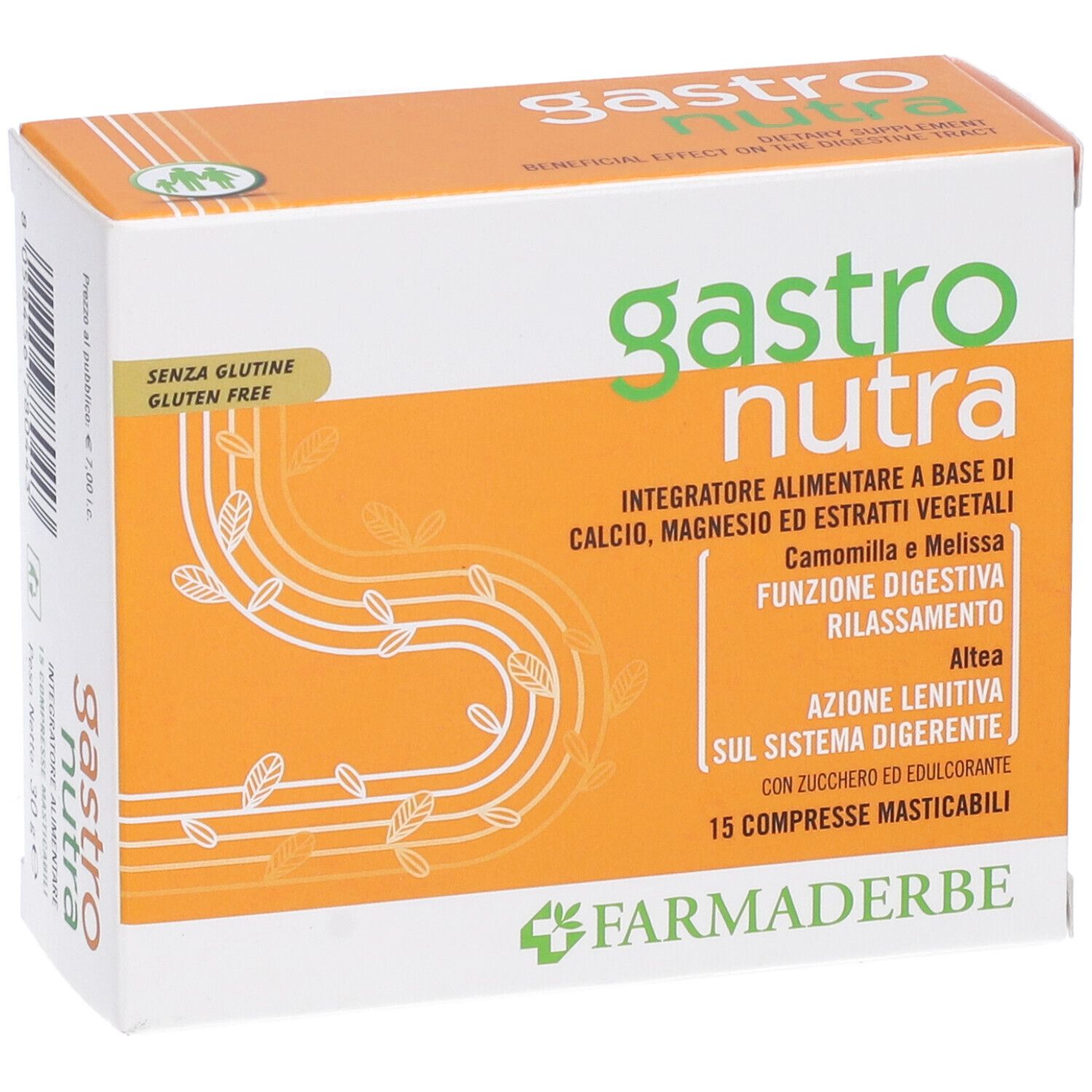 Boîte "Gastro Nutra" avec texte : "Integratore alimentare", "Senza glutine". Design orange et blanc avec éléments floraux.