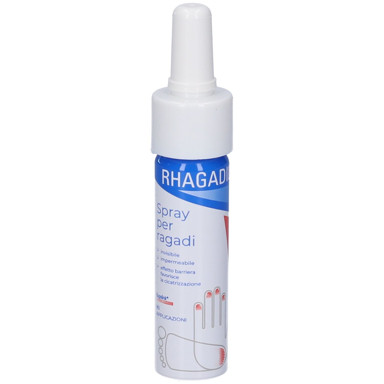 Sprayflasche mit weißem Sprühkopf und blauer Banderole. Aufschrift: RHAGADIL Spray per ragadi.