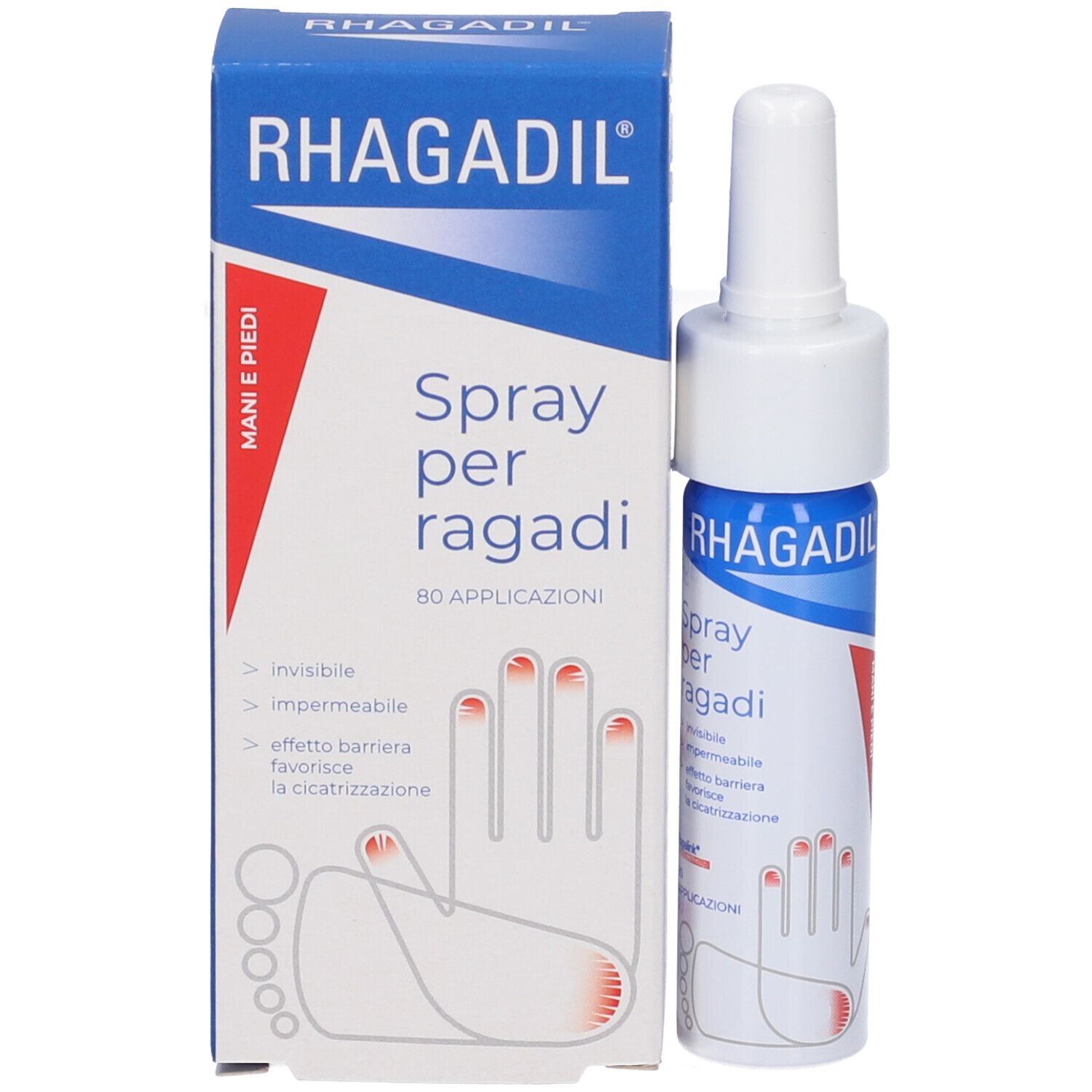 Produktverpackung und Sprayflasche. Aufschrift: RHAGADIL Spray per ragadi. 80 Anwendungen.