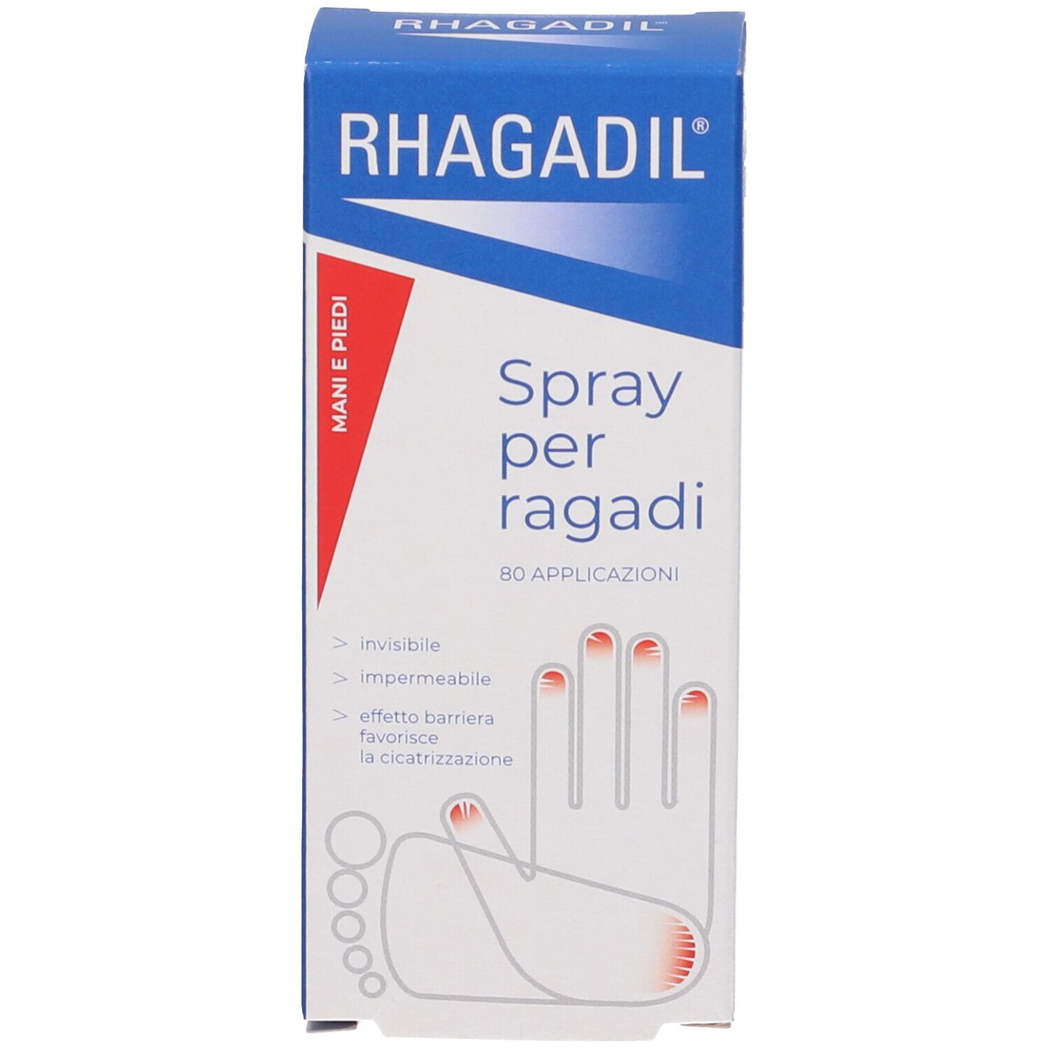 Produktverpackung. Aufschrift: RHAGADIL Spray per ragadi. 80 Anwendungen.