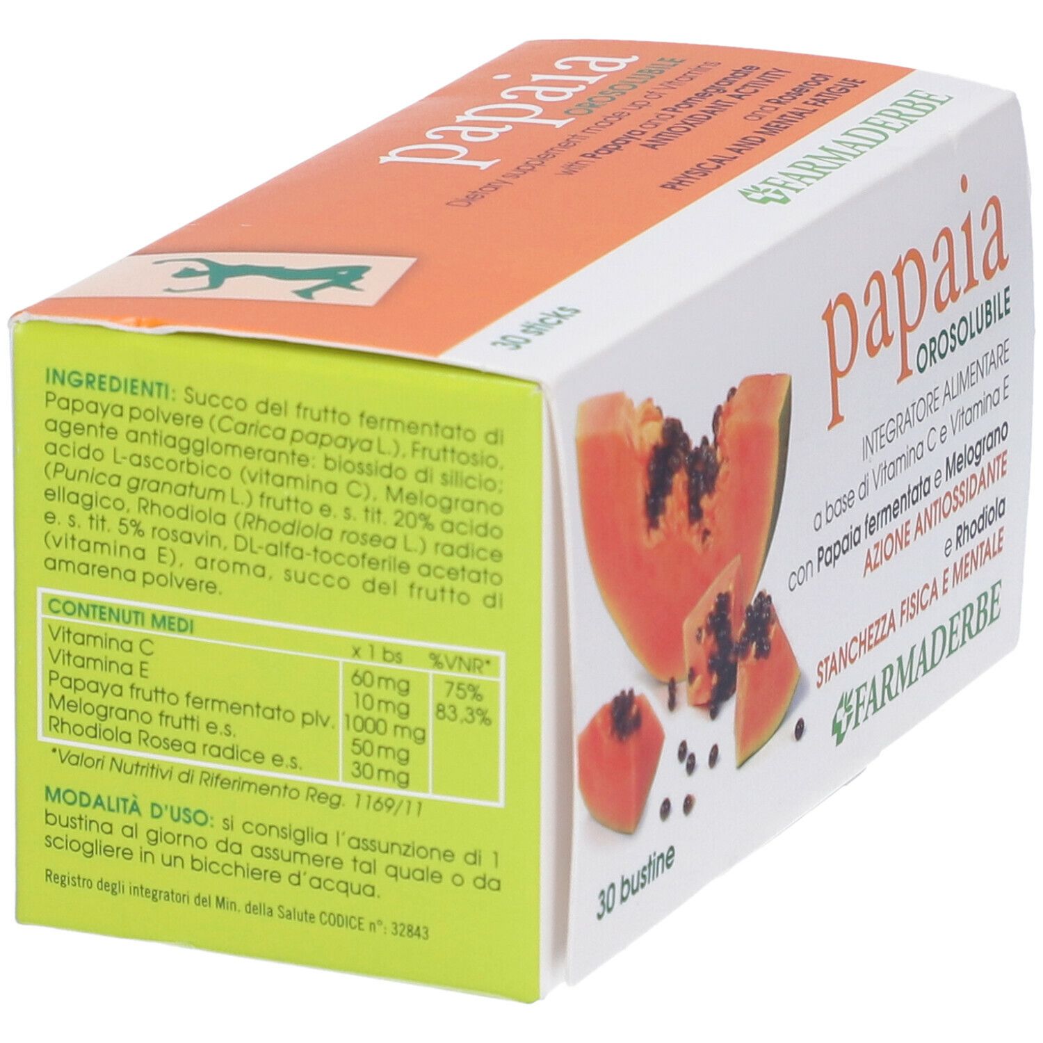 Dos de la boîte Papaia Orosorubile. Liste des ingrédients, informations nutritionnelles. Marque : Farmaderbe.