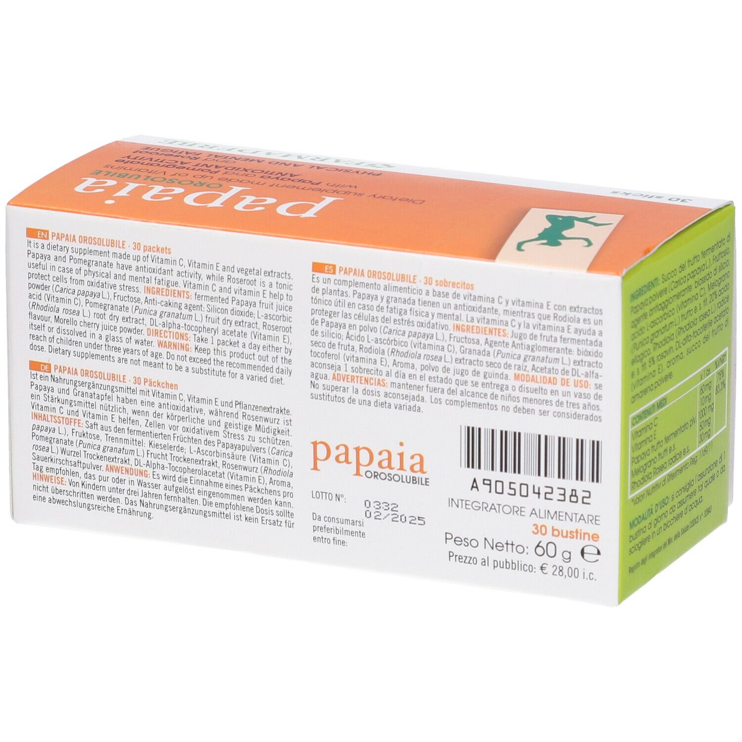 Boîte Papaia Orosorubile. Texte multilingue. 30 sachets. Marque : Farmaderbe.