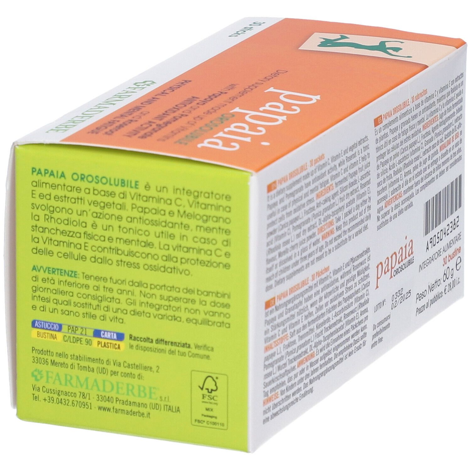 Dos de la boîte Papaia Orosorubile. Texte multilingue. Marque : Farmaderbe.