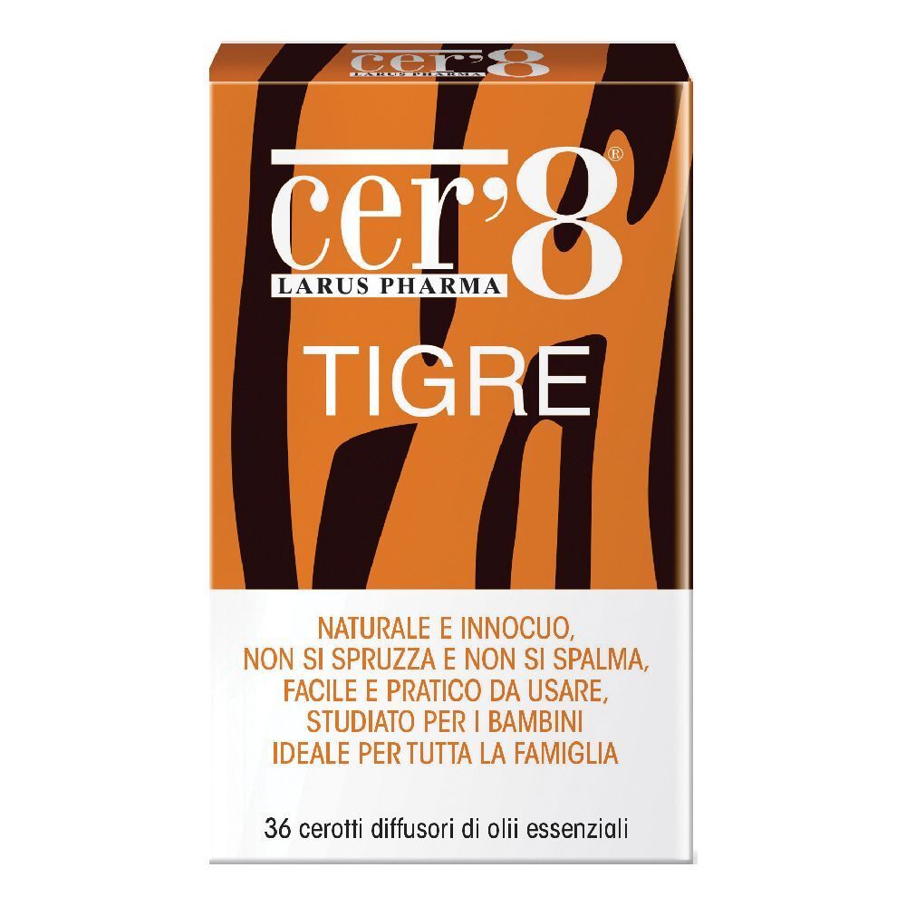 Verpackung von Cer'8 Tigre. Orange-braunes Design mit Produktnamen und Text. 36 Diffusoren.