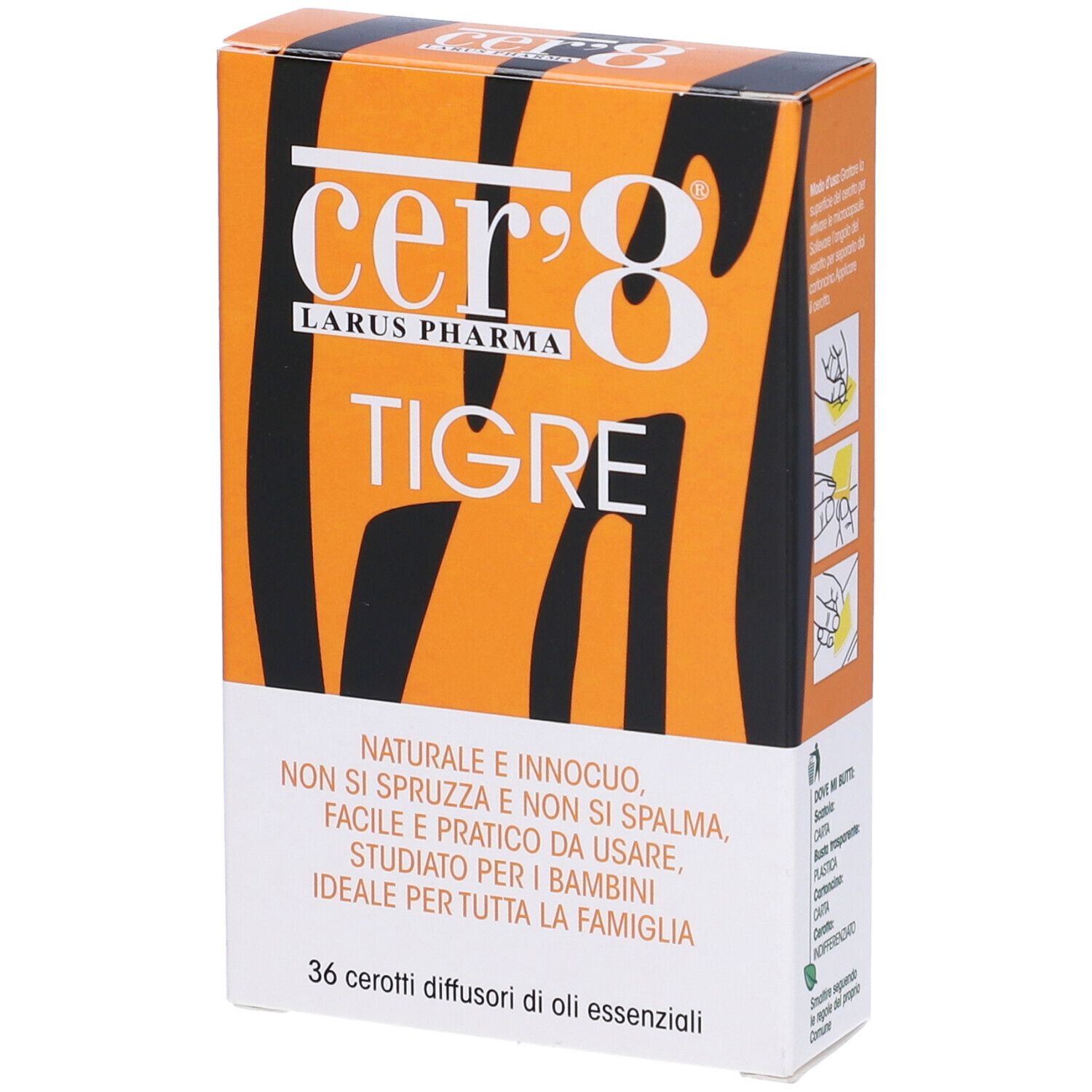 Verpackung von Cer'8 Tigre. Orange-braunes Design mit Produktnamen und Text. Ansicht schräg von vorne.