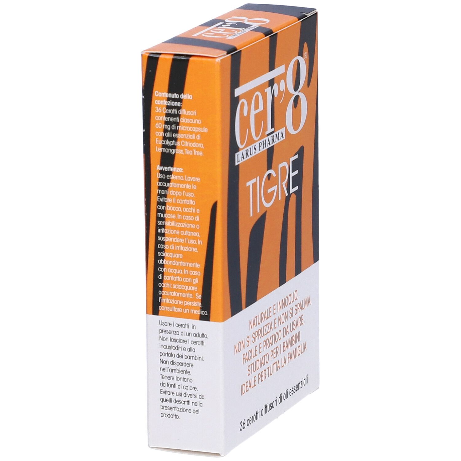 Verpackung von Cer'8 Tigre. Orange-braunes Design mit Produktnamen und Text. Seitenansicht mit Text.