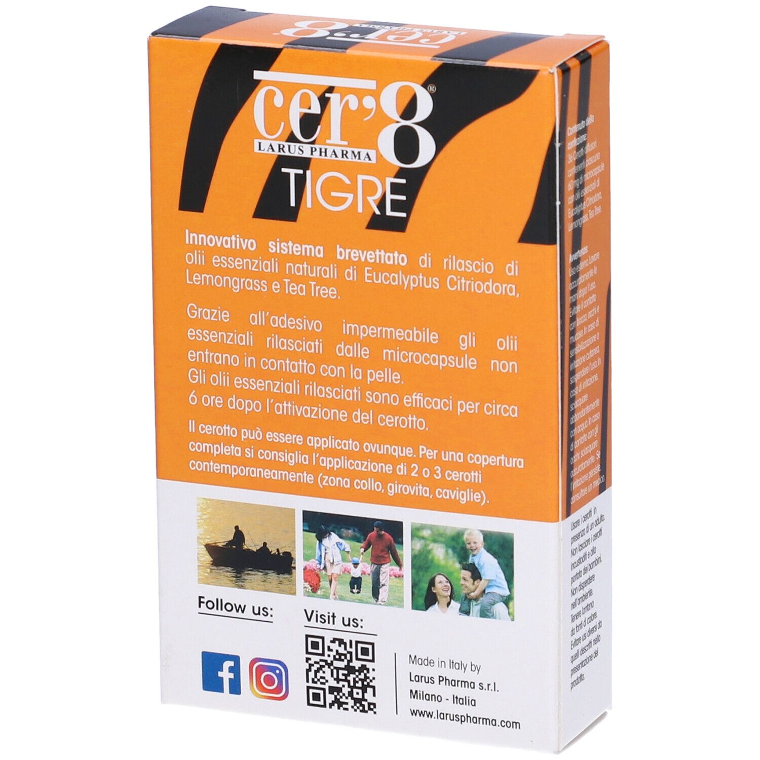 Verpackung von Cer'8 Tigre. Orange-braunes Design mit Produktnamen und Text. Rückseite mit Informationen.