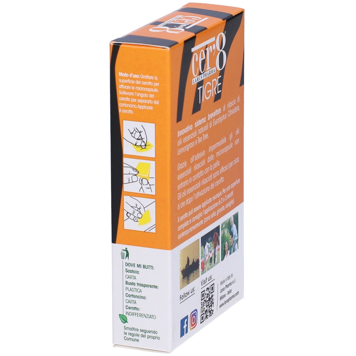 Verpackung von Cer'8 Tigre. Orange-braunes Design mit Produktnamen und Text. Seite mit Anwendungshinweisen.