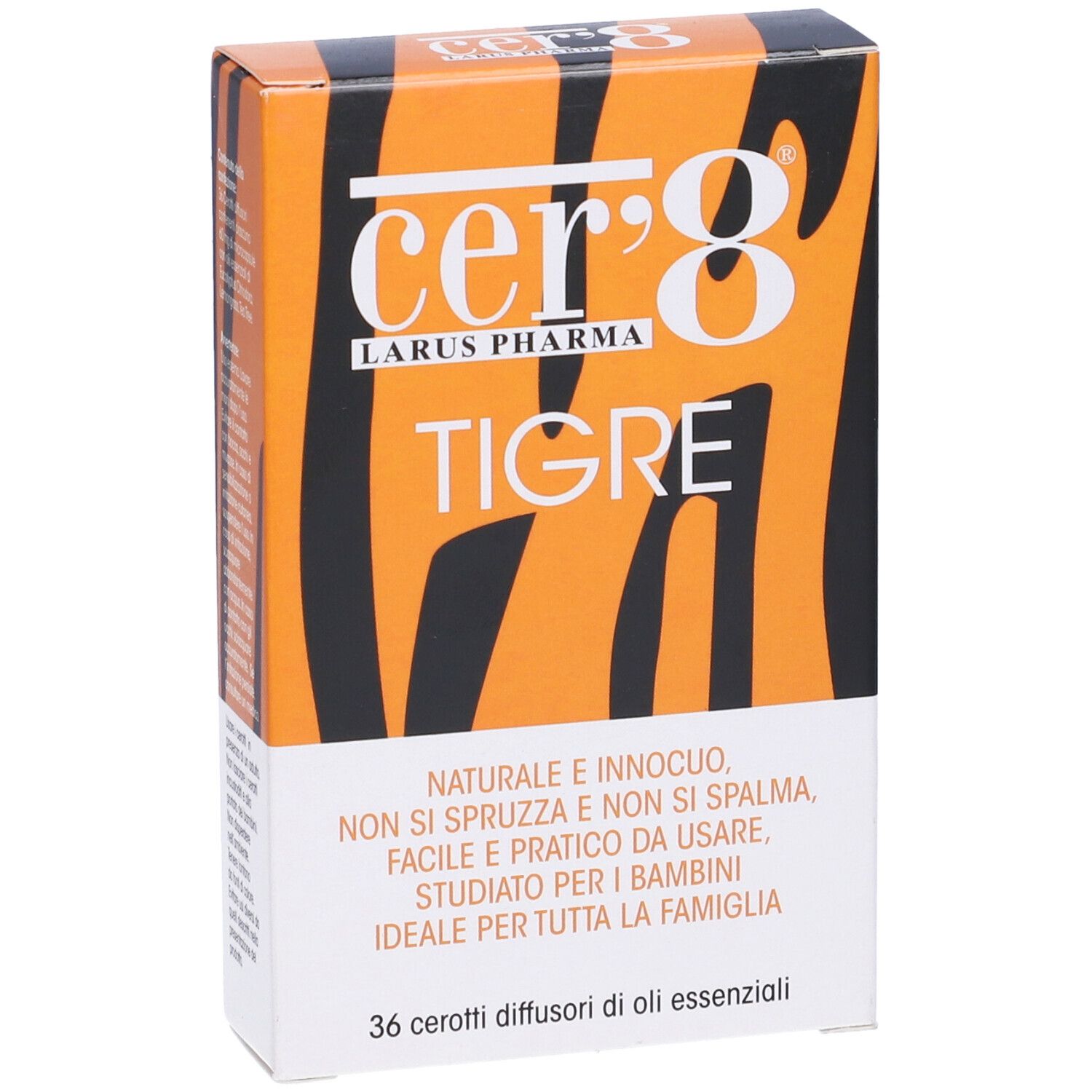 Verpackung von Cer'8 Tigre. Orange-braunes Design mit Produktnamen und Text. Vorderansicht.