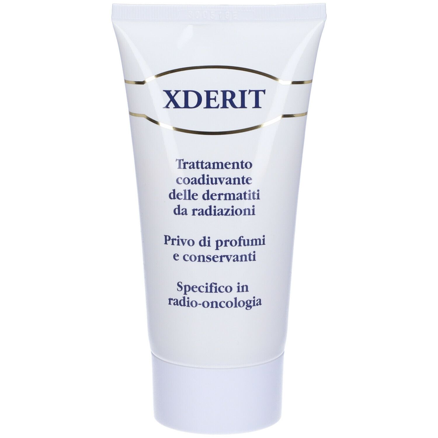 Weiße Tube mit goldfarbenem Schriftzug XDERIT. Text: Behandlung von Strahlendermatitis, ohne Duftstoffe und Konservierungsmittel.