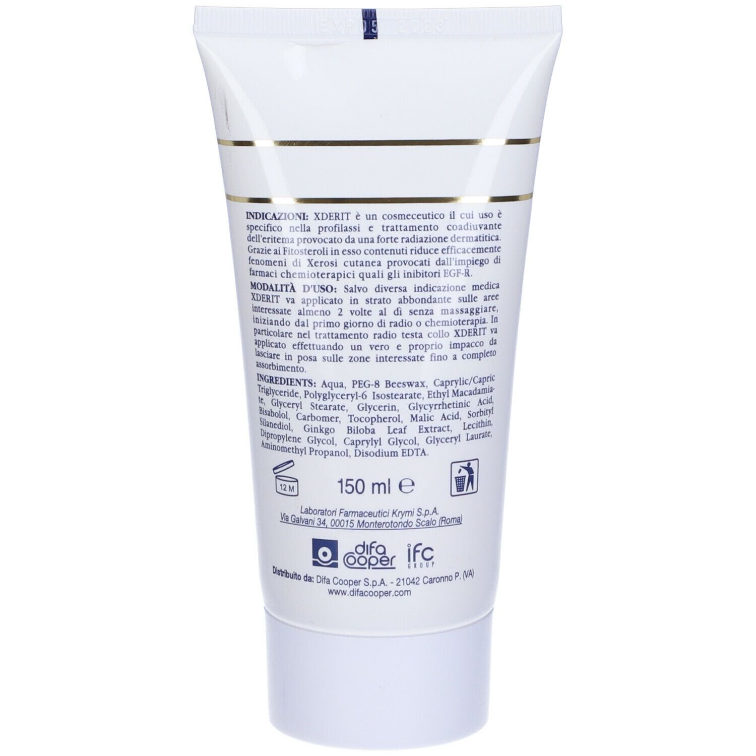 Rückseite der Tube. Text: Indikationen, Inhaltsstoffe, Anwendungshinweise. 150 ml. Laboratori Farmaceutici Krymi.