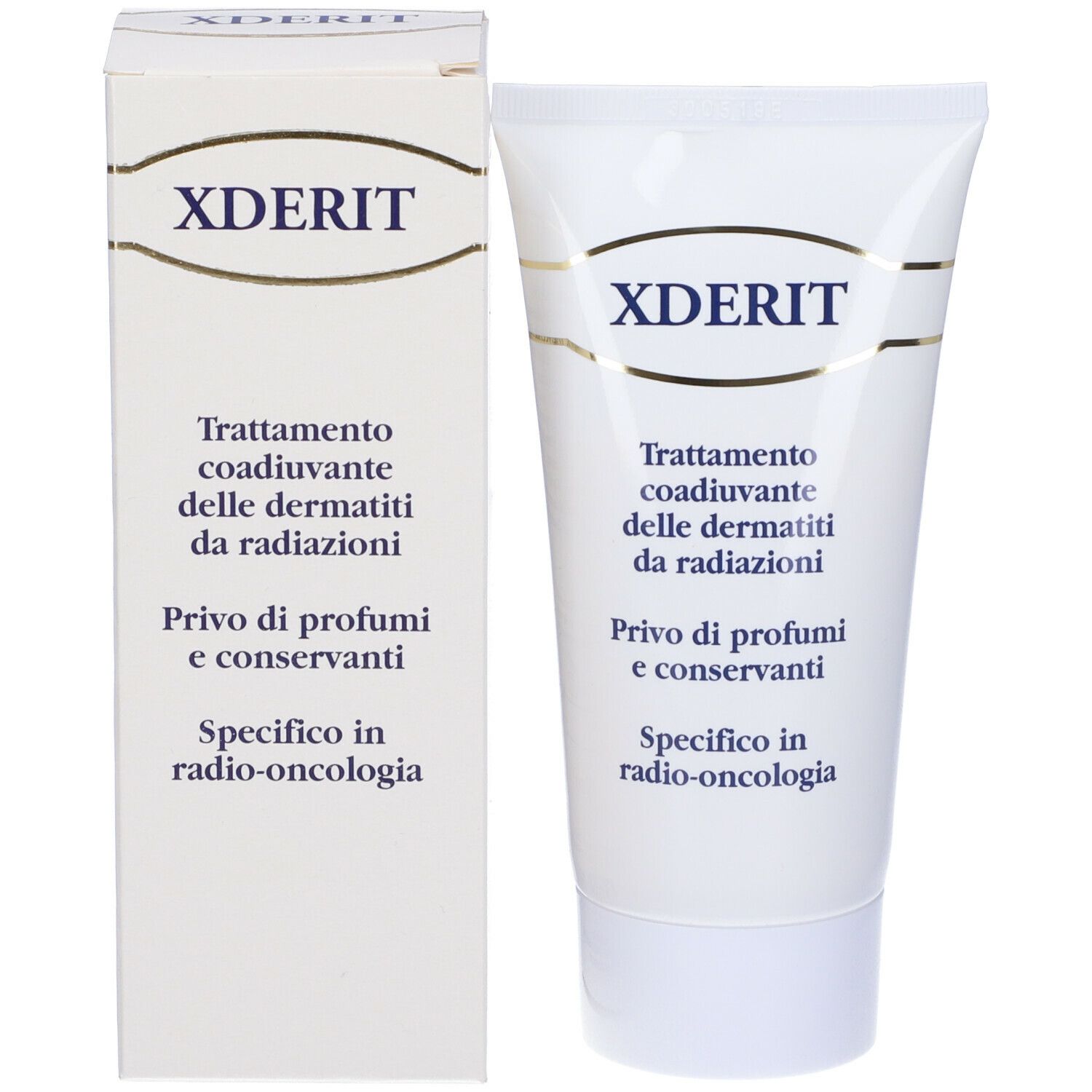 Schachtel und Tube XDERIT. Text: Behandlung von Strahlendermatitis, ohne Duftstoffe und Konservierungsmittel. Spezifisch in Radio-Onkologie.