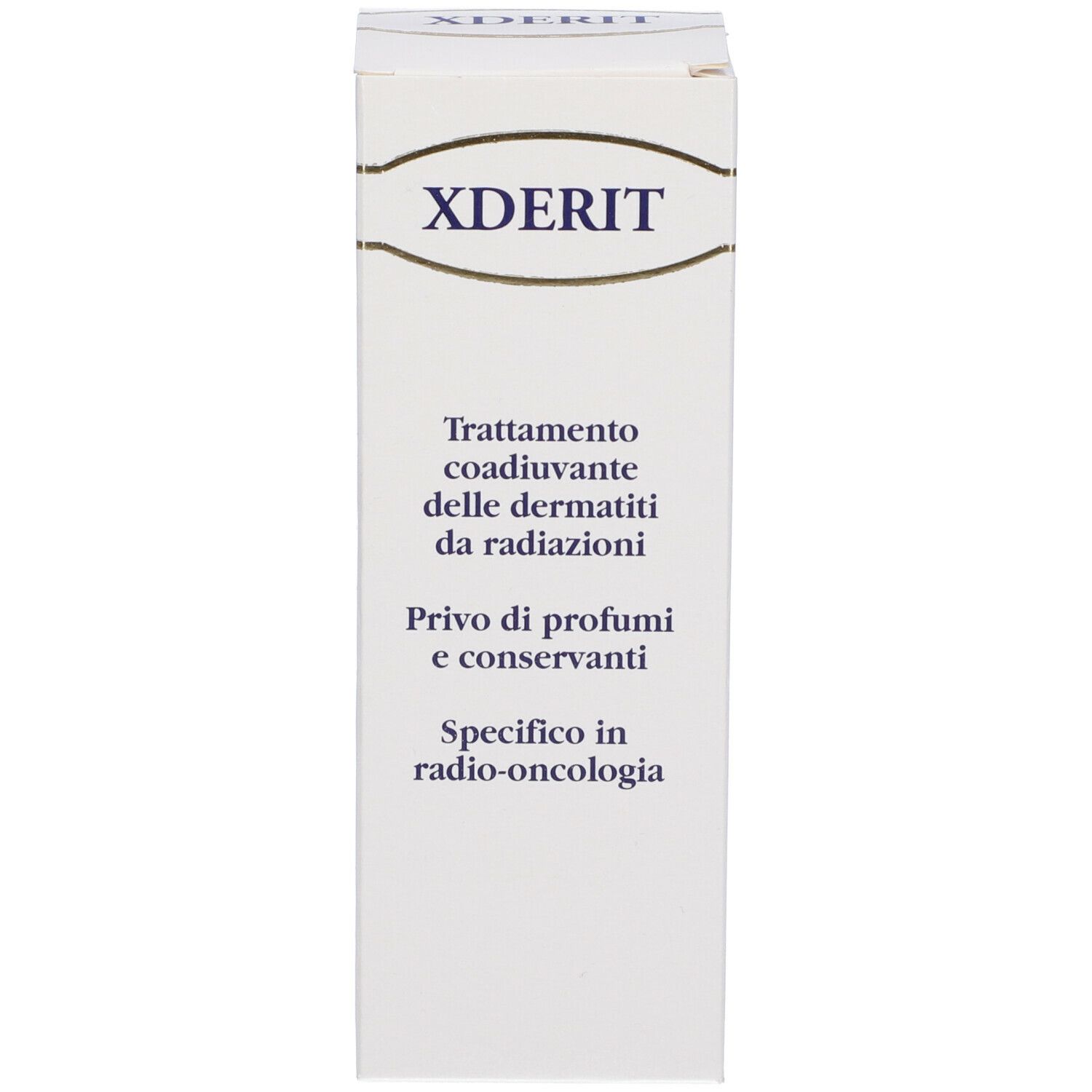 Weiße Schachtel XDERIT. Text: Behandlung von Strahlendermatitis, ohne Duftstoffe und Konservierungsmittel. Spezifisch in Radio-Onkologie.
