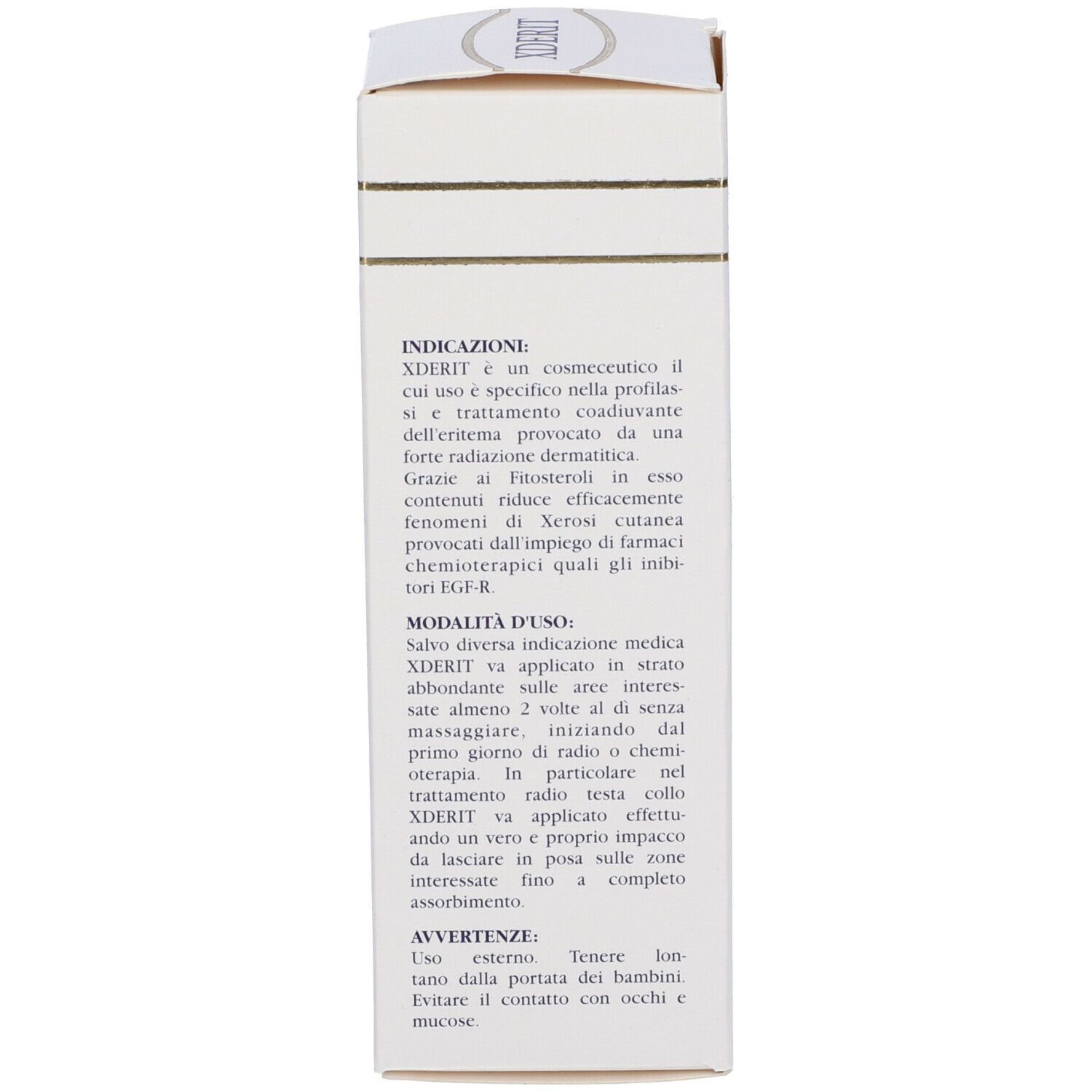 Rückseite der Schachtel. Text: Indikationen, Anwendungshinweise, Warnhinweise. Laboratori Farmaceutici Krymi.