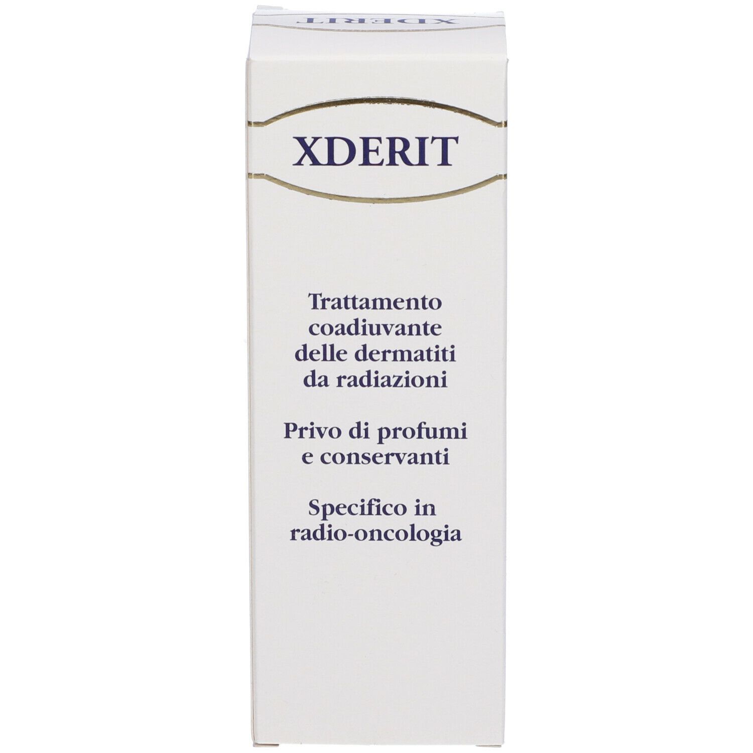 Weiße Schachtel XDERIT. Text: Behandlung von Strahlendermatitis, ohne Duftstoffe und Konservierungsmittel. Spezifisch in Radio-Onkologie.