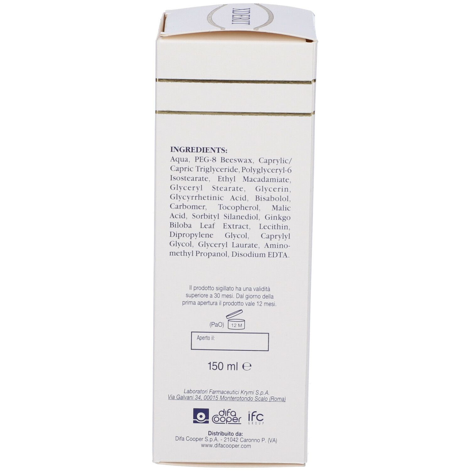 Rückseite der Schachtel. Text: Inhaltsstoffe, 150 ml. Laboratori Farmaceutici Krymi.