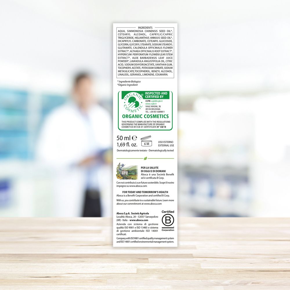 Dos de l'emballage Aboca® Ringelblume bioPomata. Contient ingrédients, certification bio, taille et coordonnées. Texte en italien.