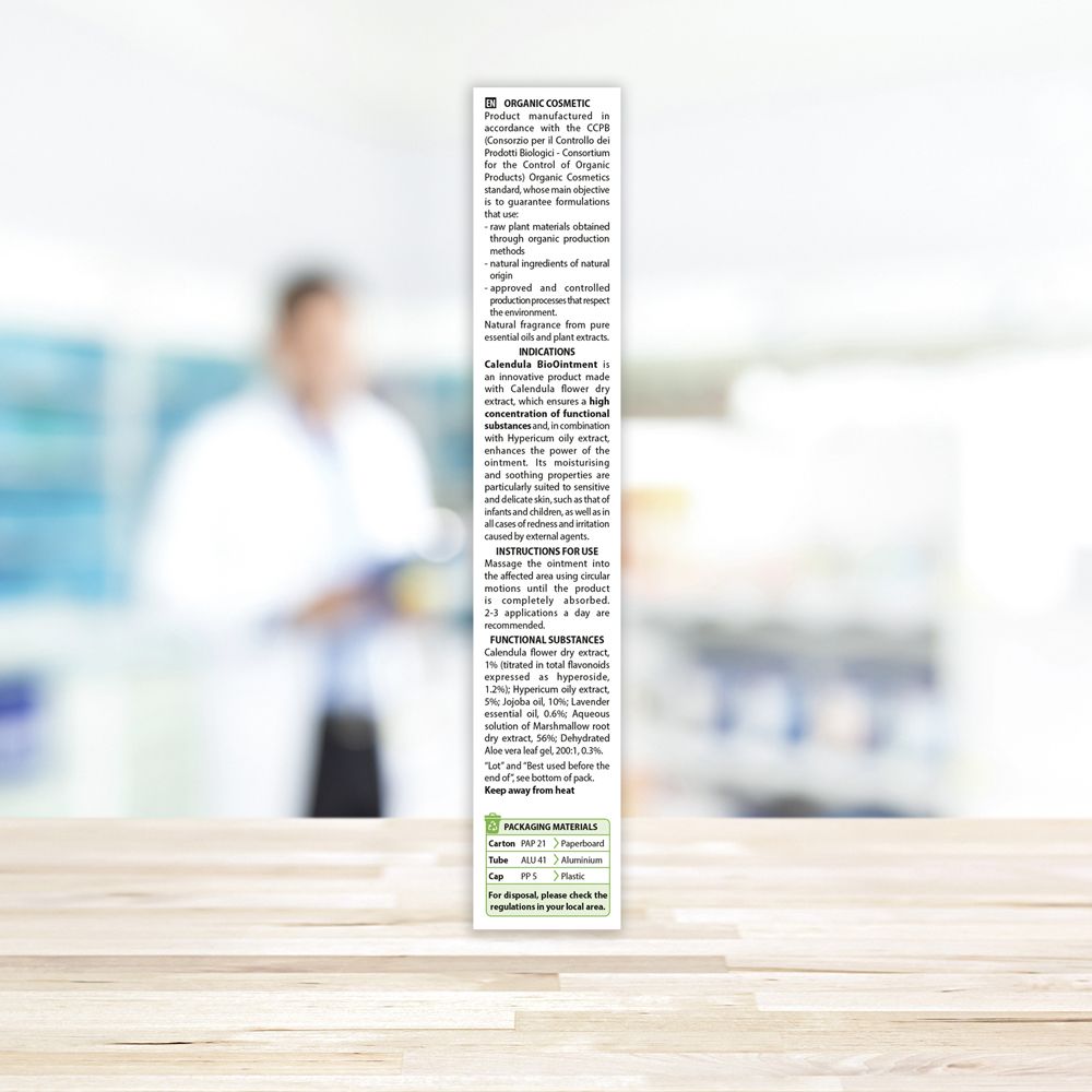 Détail de l'emballage Aboca® Ringelblume bioPomata. Contient des informations sur les ingrédients et l'utilisation. Texte en italien.