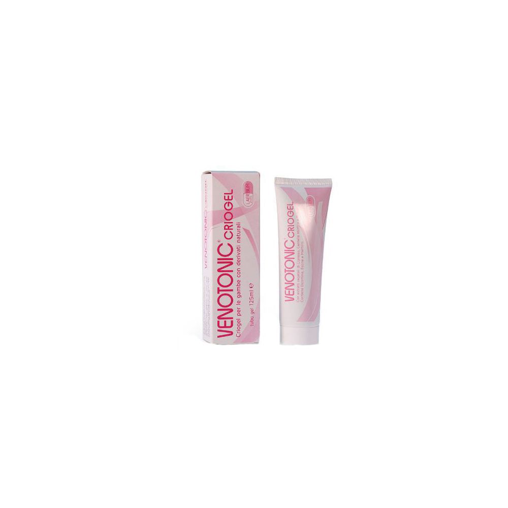 Rosa Tube und Schachtel. Aufschrift: Venotonic Criogel. Gel für die Beine mit natürlichen Derivaten. 125 ml.