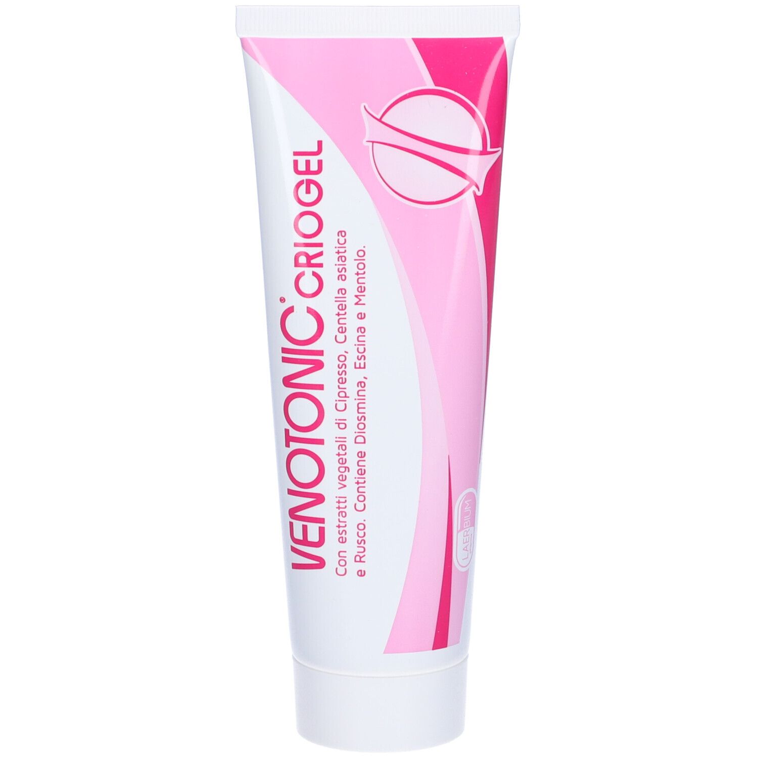 Rosa Tube. Aufschrift: Venotonic Criogel. Mit Pflanzenextrakten. Enthält Diosmin, Escin und Menthol.