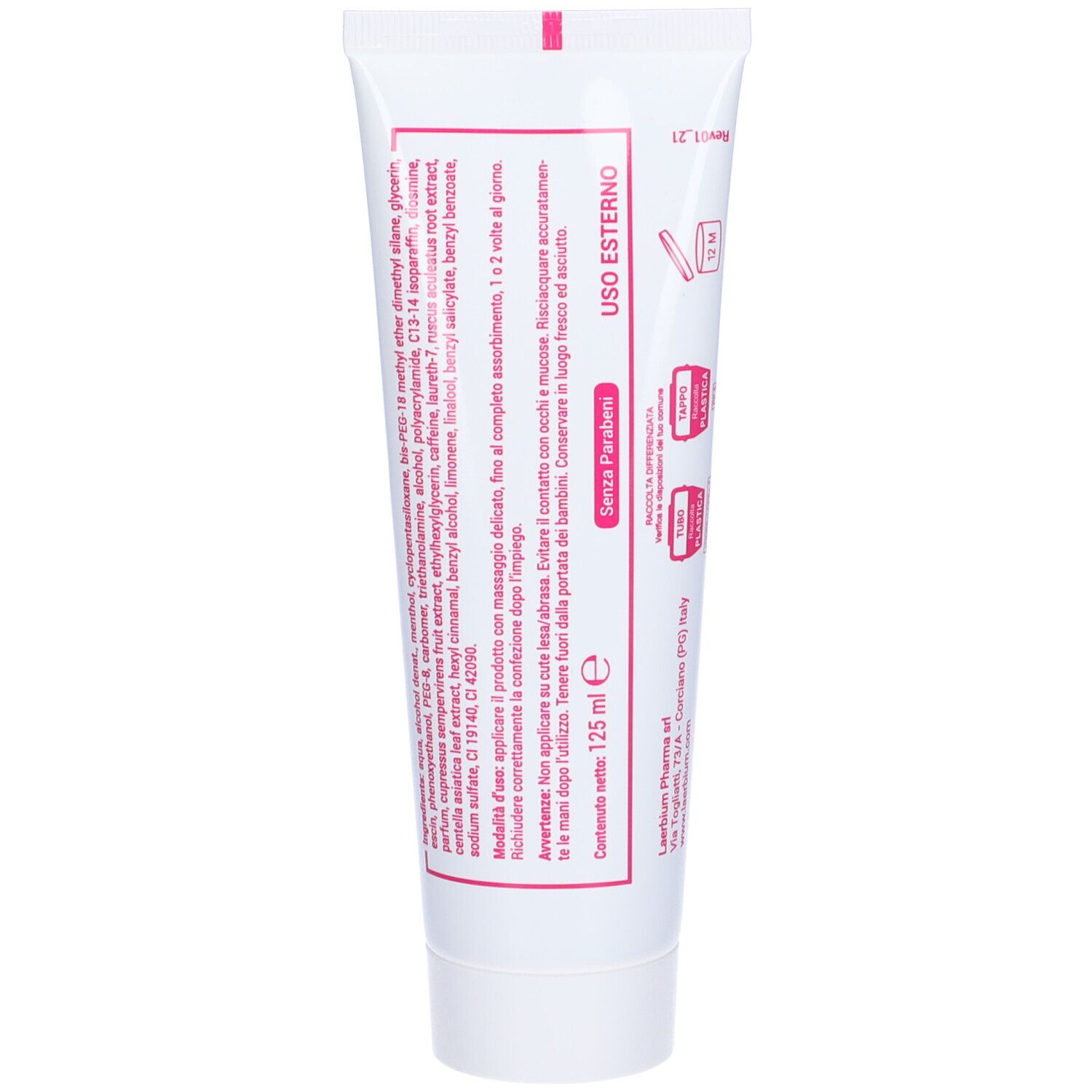 Rückseite der Tube. Aufschrift: Inhaltsstoffe, Gebrauchsanweisung, 125 ml. Ohne Parabene. Für äußere Anwendung.