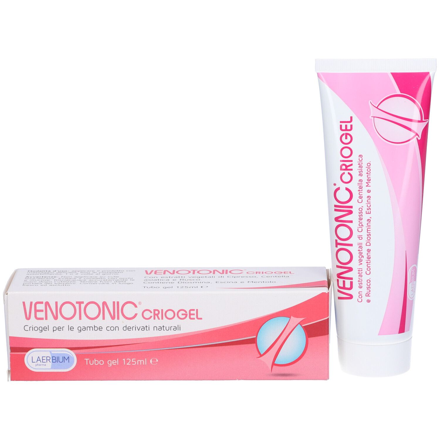 Tube und Schachtel. Aufschrift: Venotonic Criogel. Gel für die Beine mit natürlichen Derivaten. 125 ml.