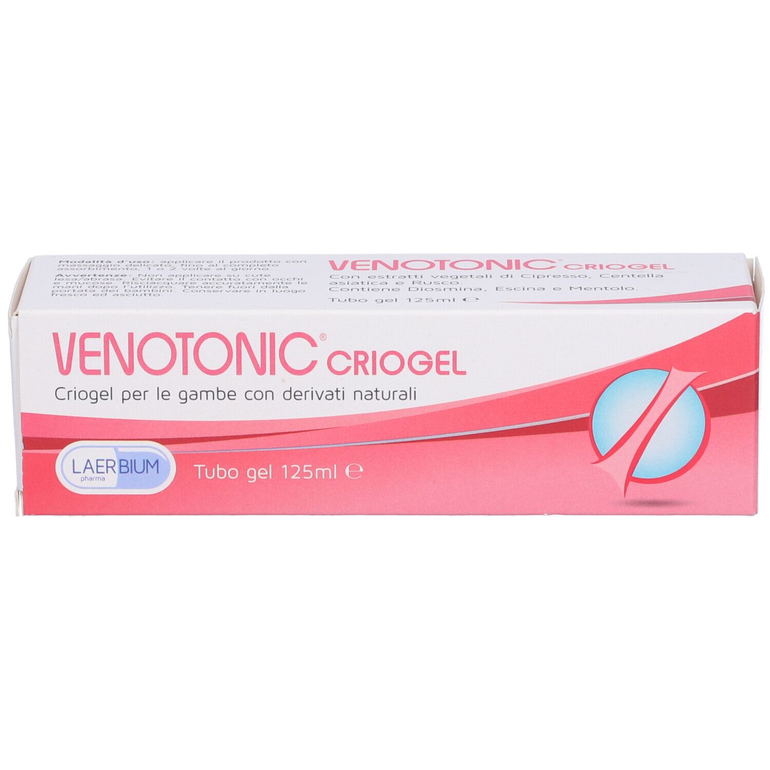 Schachtel. Aufschrift: Venotonic Criogel. Gel für die Beine mit natürlichen Derivaten. 125 ml. LaerBium.
