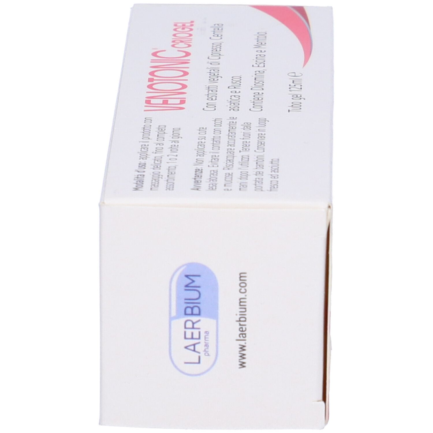 Schachtel. Aufschrift: Venotonic Criogel. LaerBium Pharma. www.laerbium.com. Ohne Parabene.