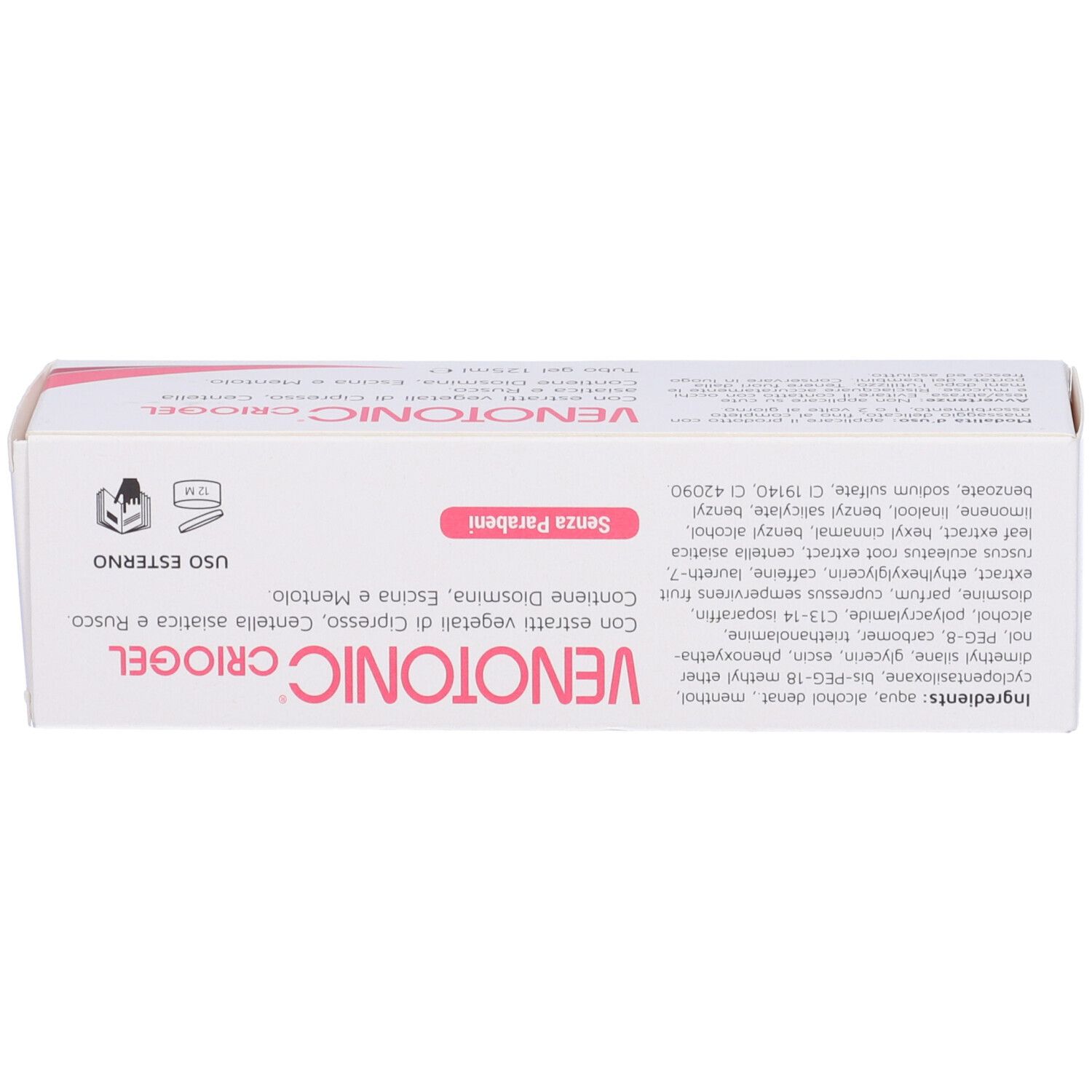 Schachtel. Aufschrift: Venotonic Criogel. Inhaltsstoffe, Gebrauchsanweisung, 125 ml. Für äußere Anwendung.