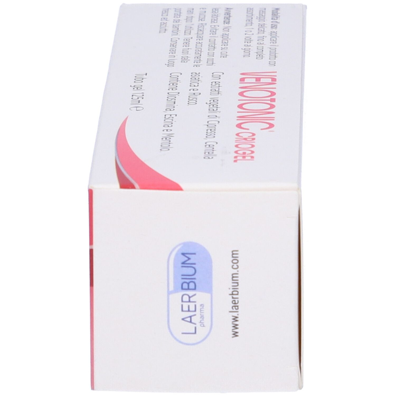 Schachtel. Aufschrift: Venotonic Criogel. LaerBium Pharma. www.laerbium.com. 125 ml.
